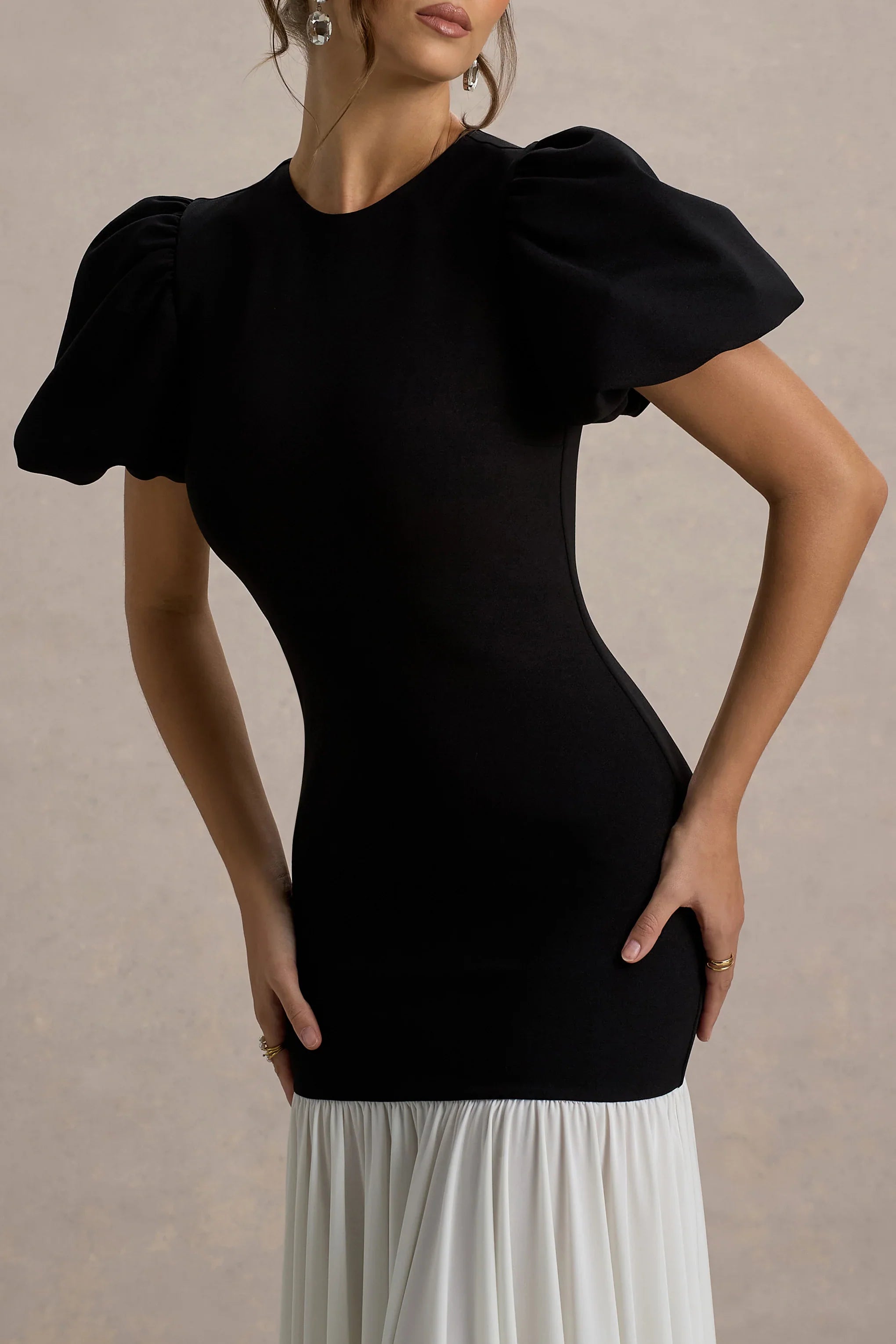Cinzia Black White Puff Sleeve Volume Hem Midi Dress