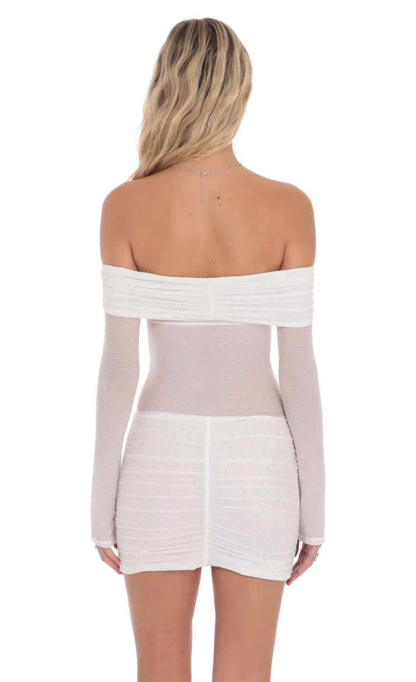 Rhinestone Mesh Off Shoulder Dress in White