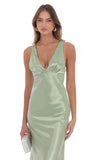 Satin V Neck Maxi Dress in Sage