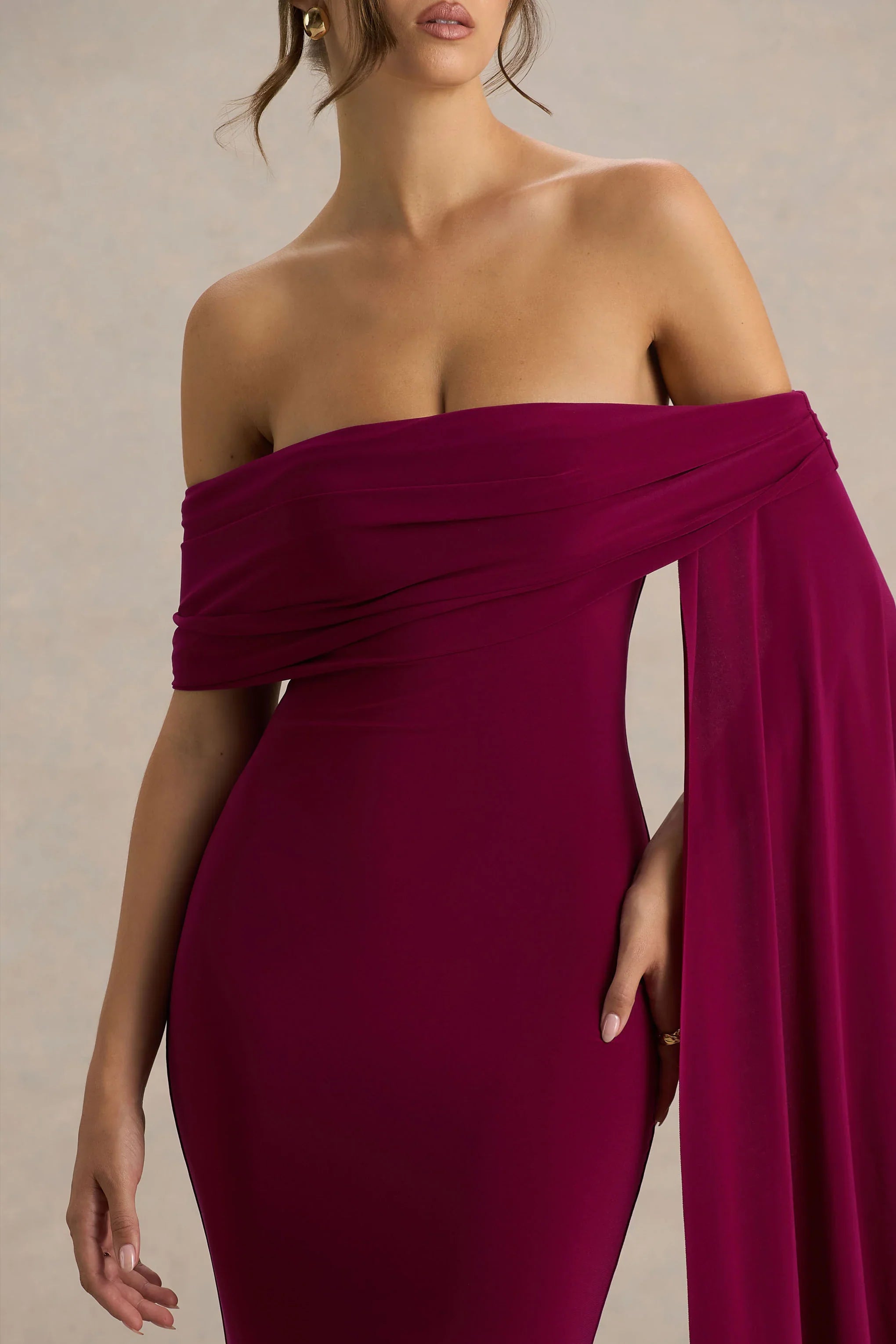 Saffina Burgundy Bardot Neck Maxi Dress With Sash Detail