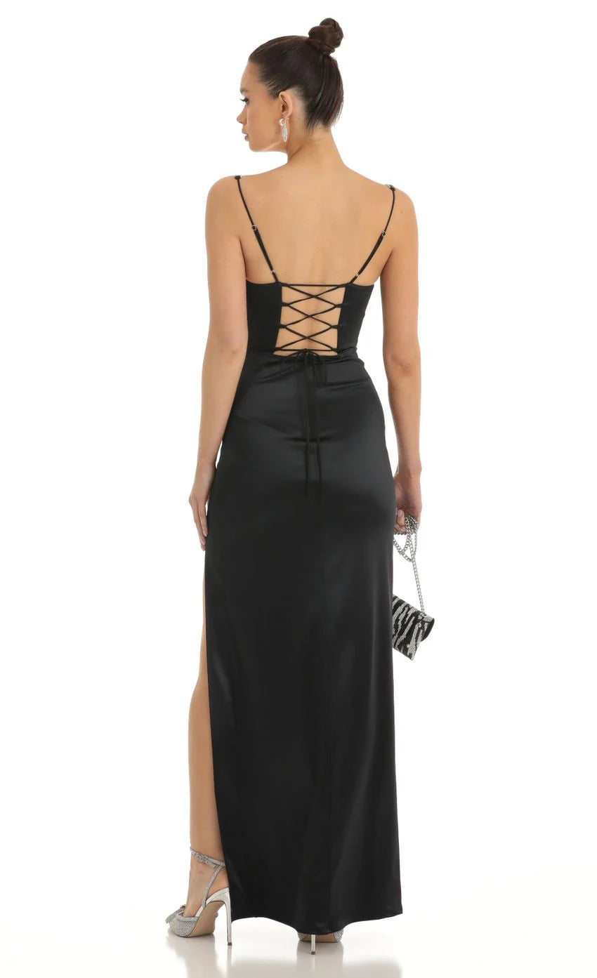 Satin Rhinestone Maxi Dress in Black