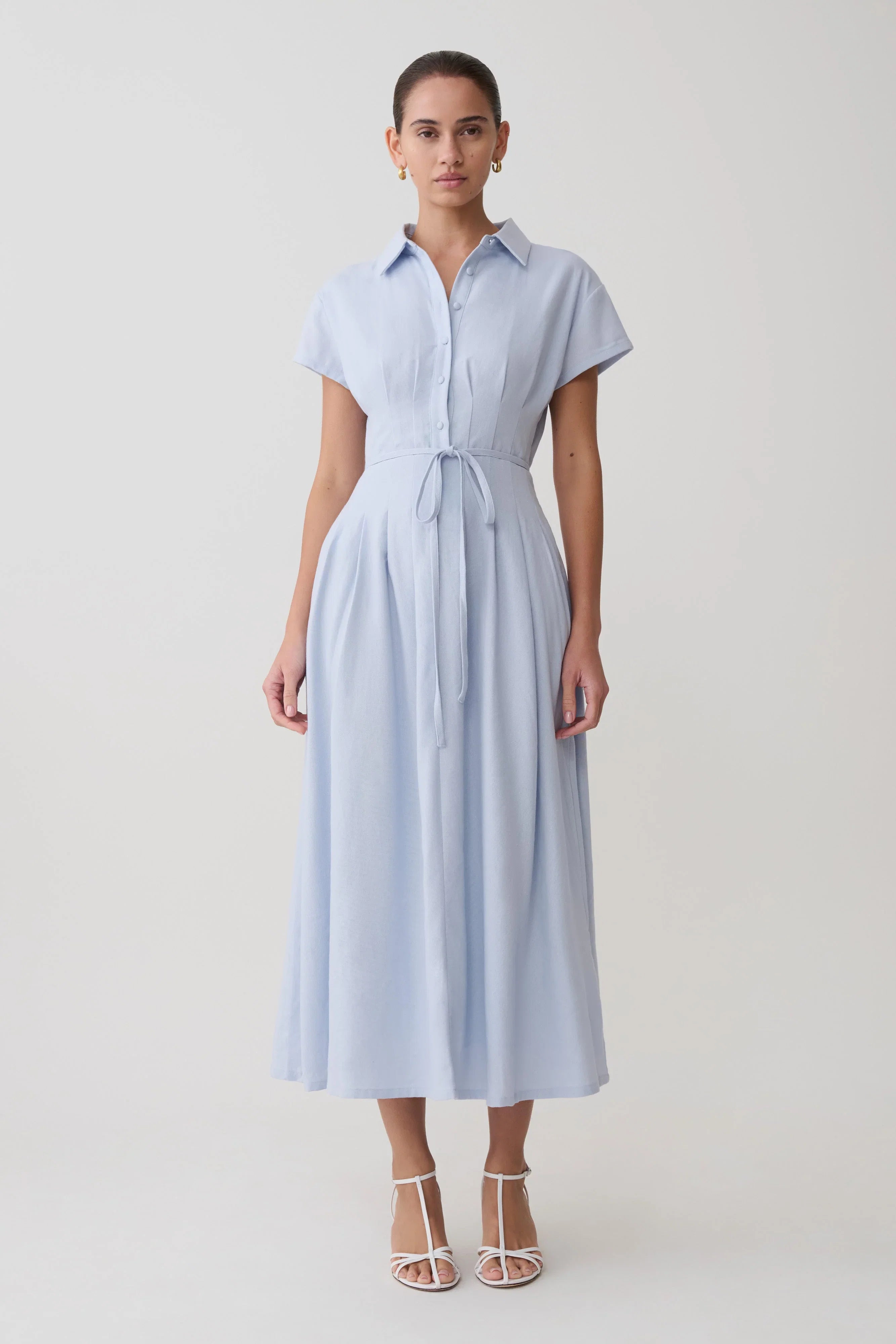 Aysha Buttoned Linen Midi Dress Cornflower Blue