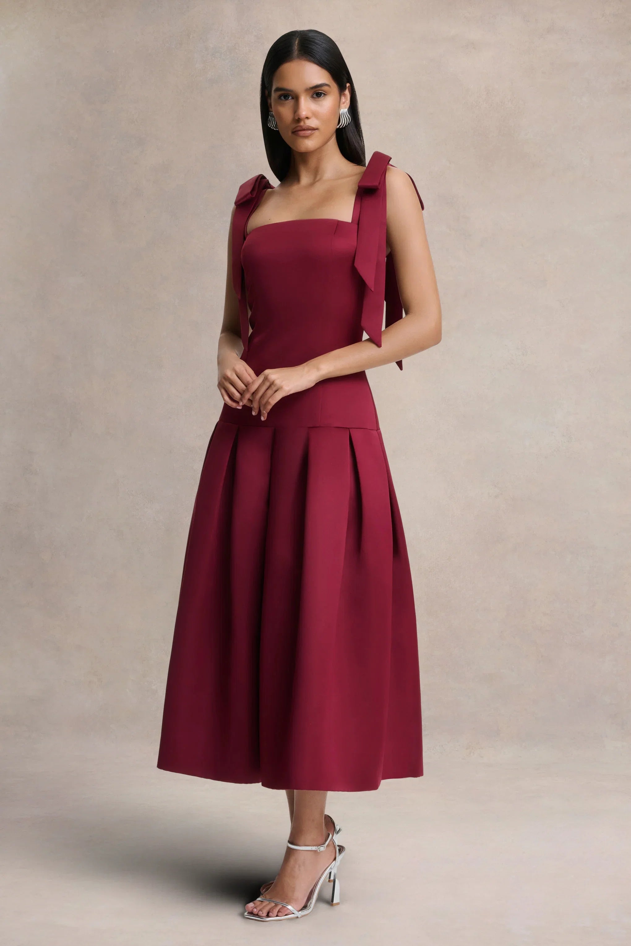 Alberta Burgundy Satin Square Neck Midi Dress With Bow Straps