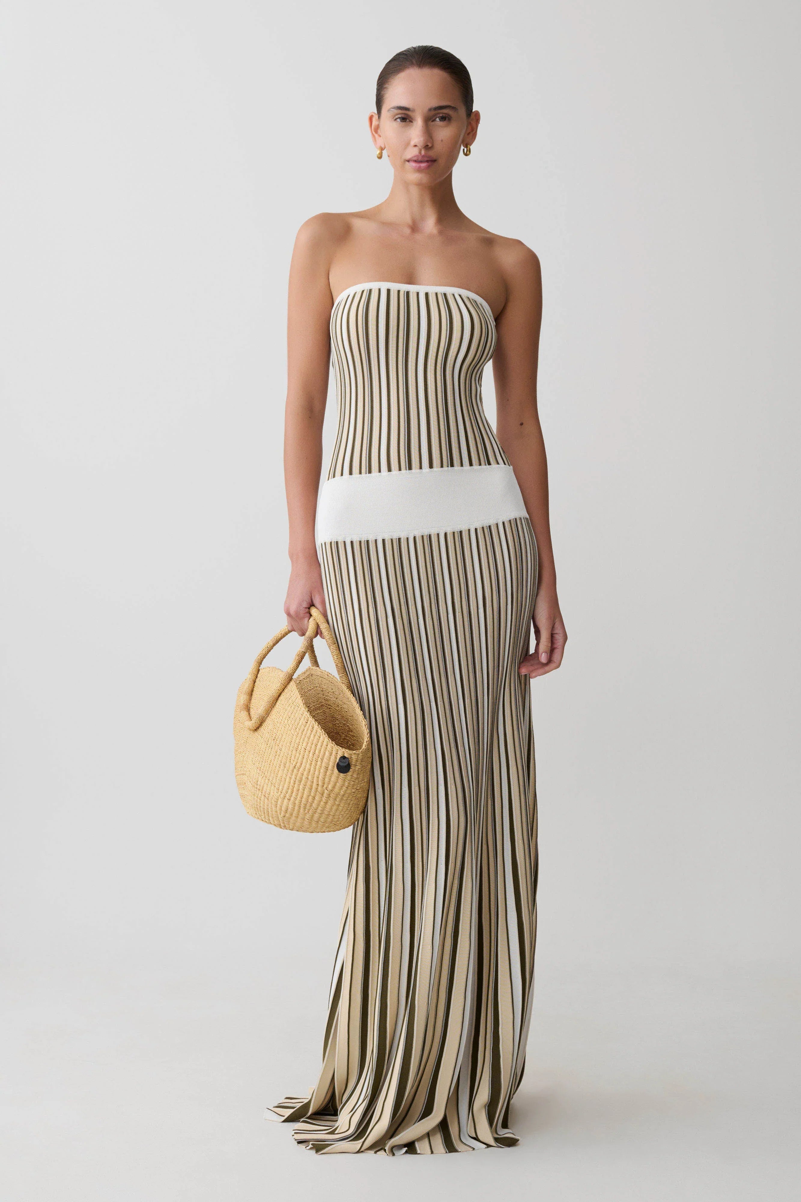 Joyce Stripe Maxi Knit Dress Khaki Ivory