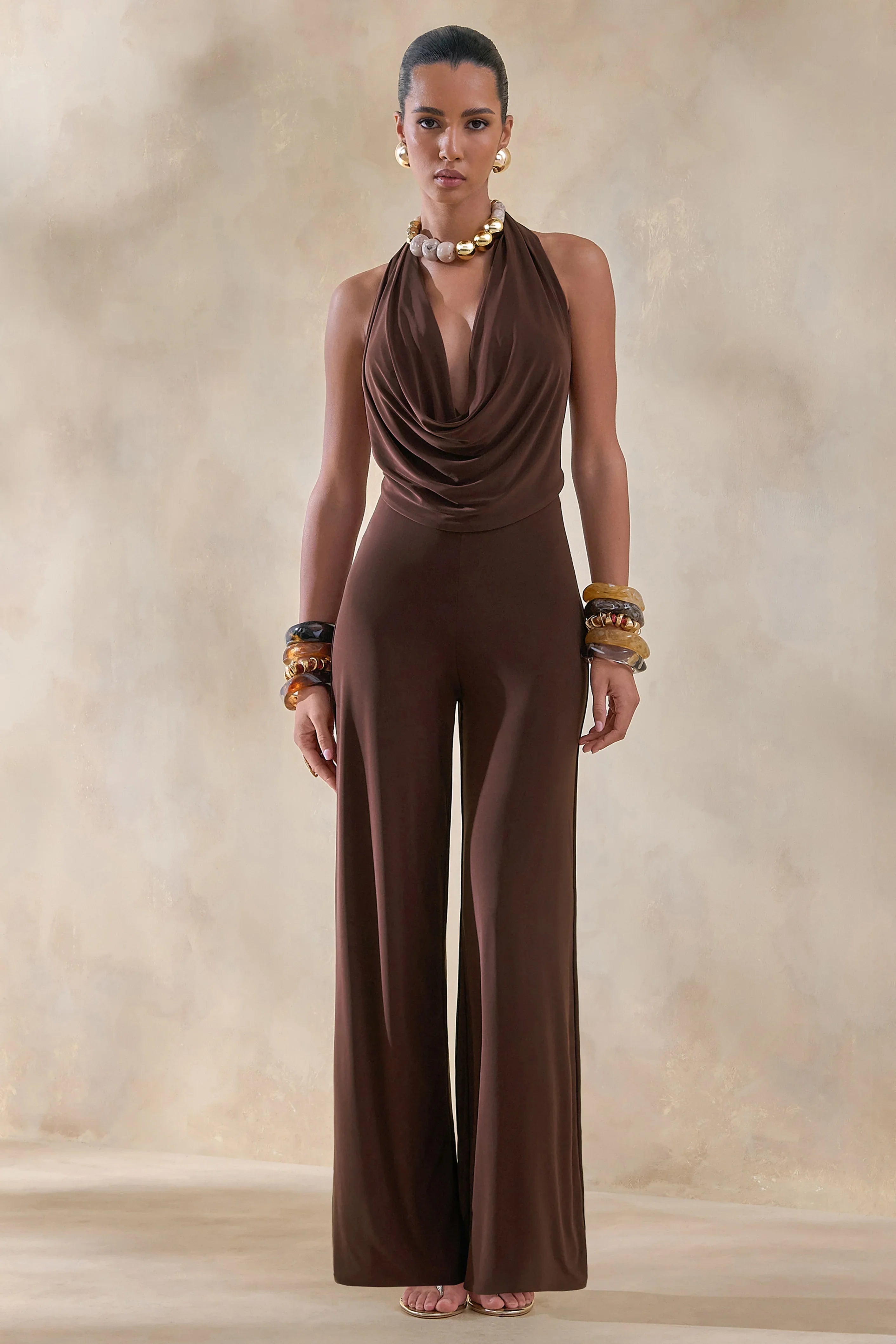 Clemence Brown Plunge Neck Jumpsuit
