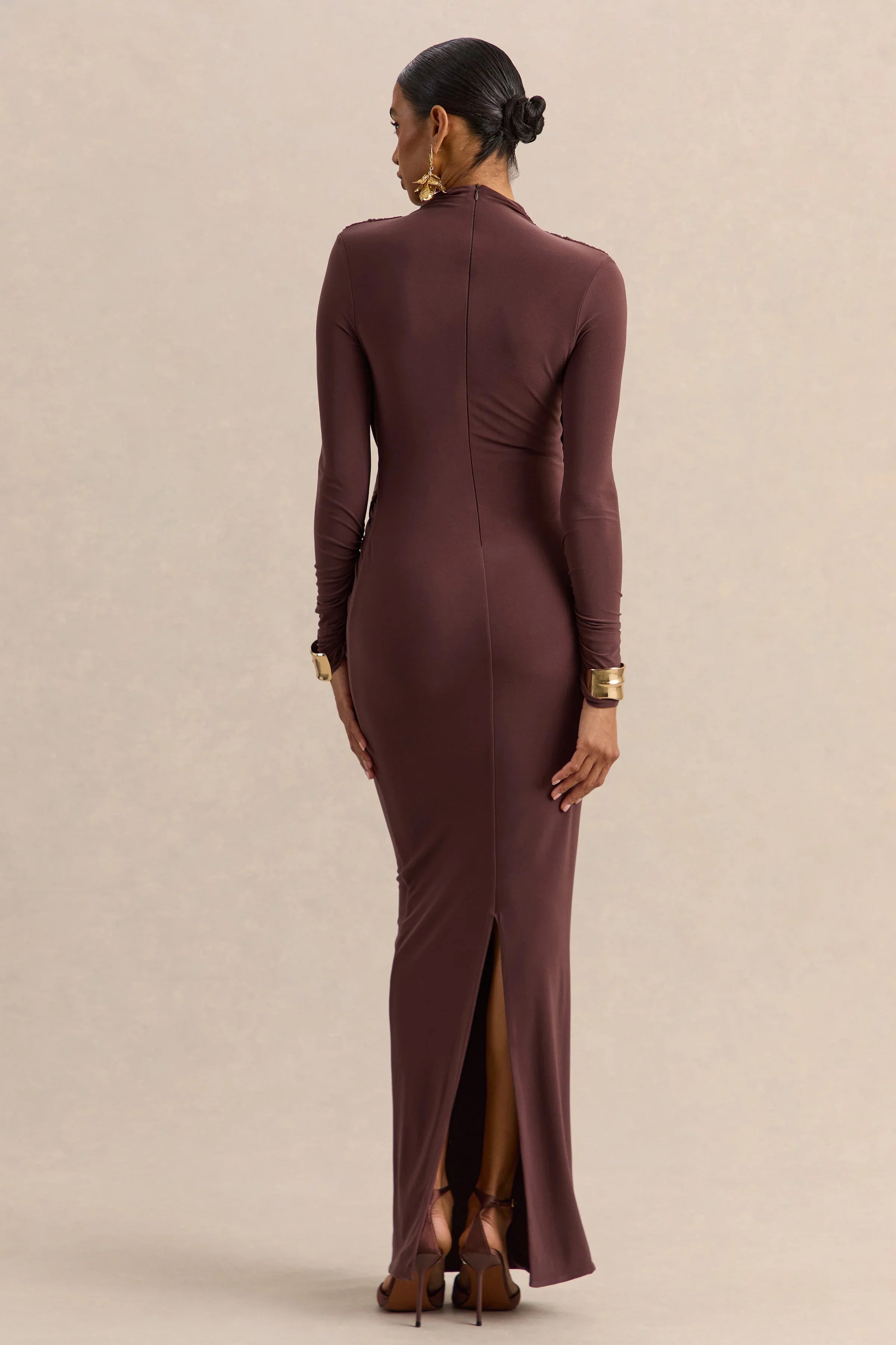 Karinthia Brown High Neck Maxi Dress With Draped Detailing