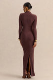 Karinthia Brown High Neck Maxi Dress With Draped Detailing