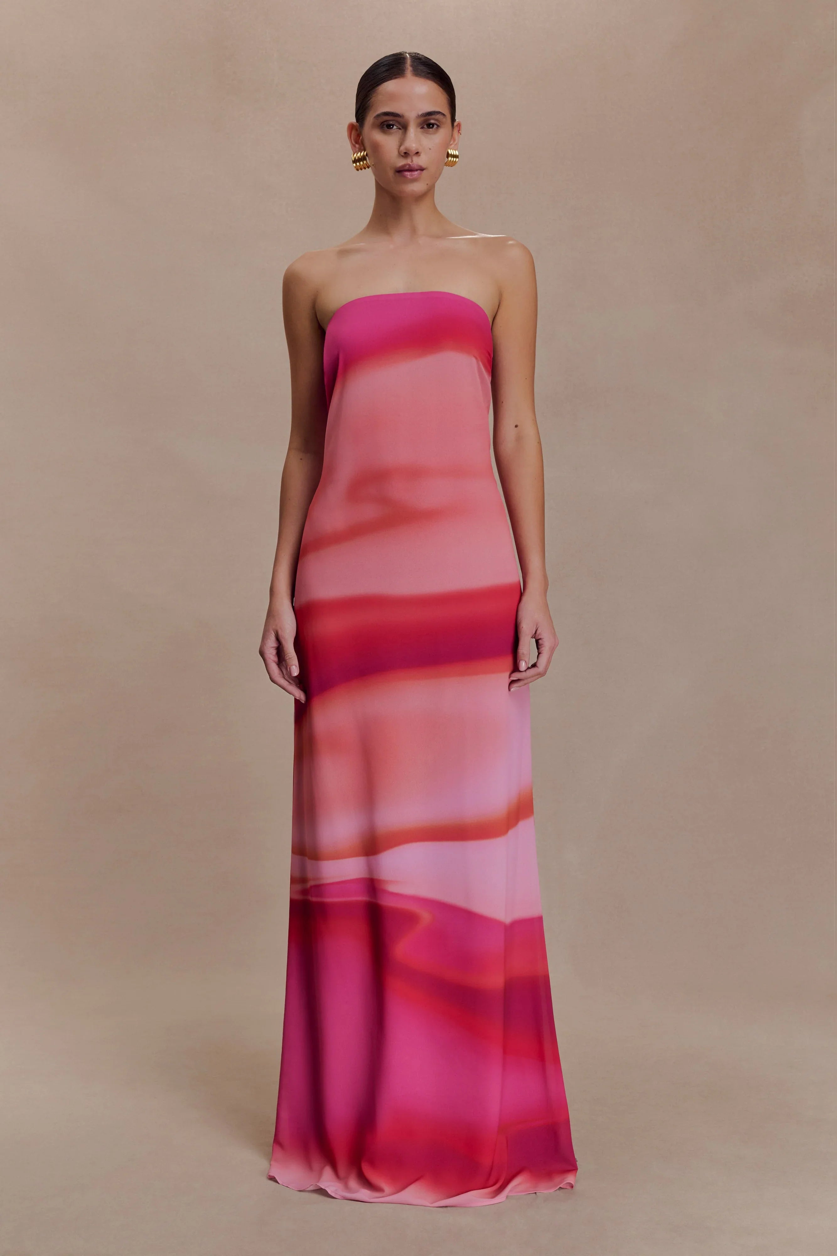 Amaya Strapless Chiffon Maxi Dress Pink Sunset Print