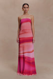 Amaya Strapless Chiffon Maxi Dress Pink Sunset Print