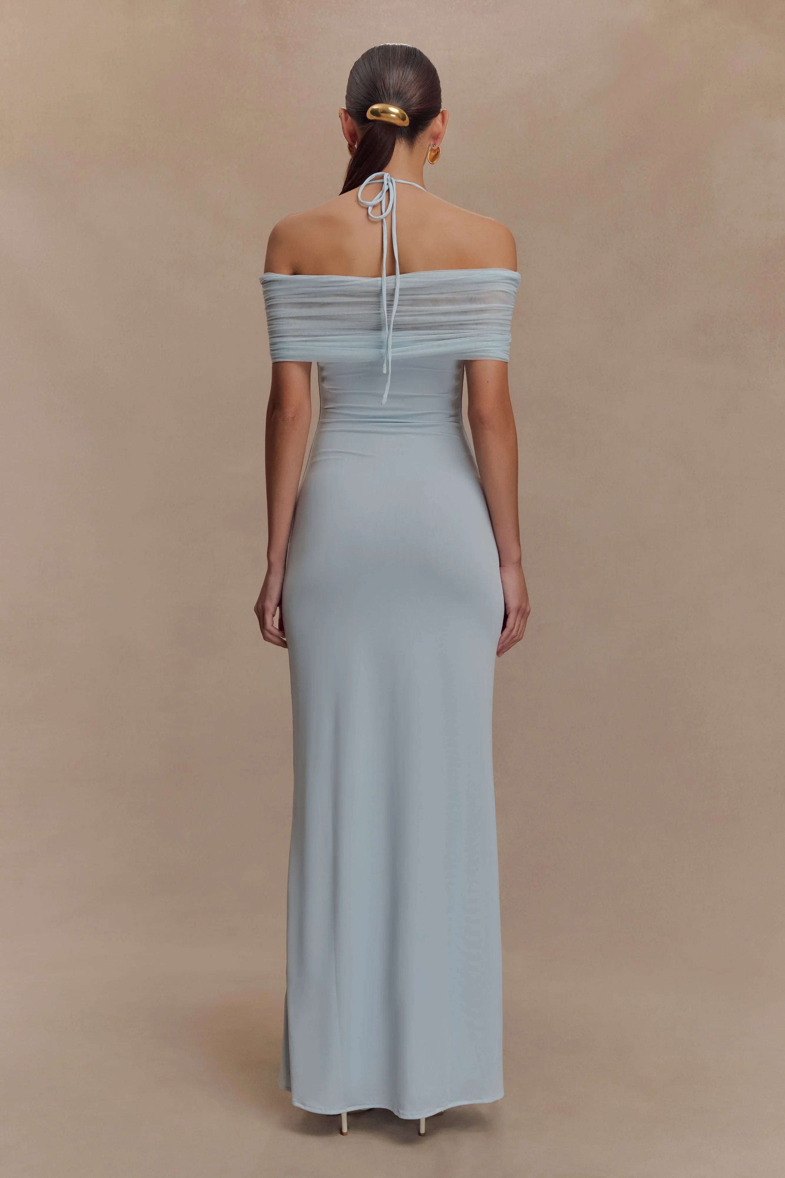 Bernadina Mesh And Slinky Halter Maxi Dress Pale Blue