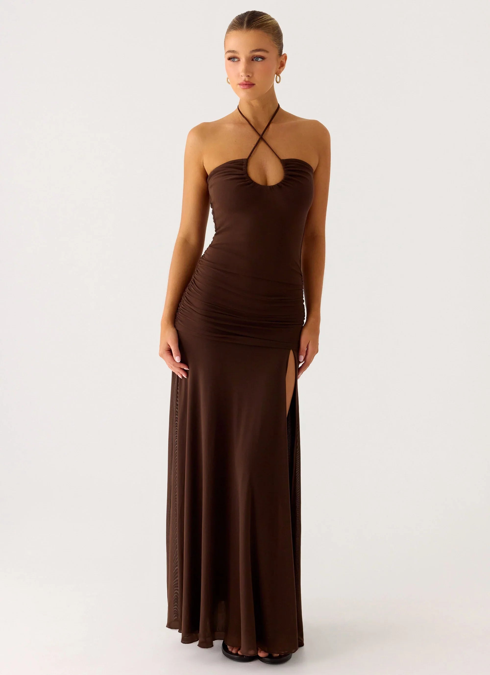 Callie Ruched Maxi Dress Chocolate