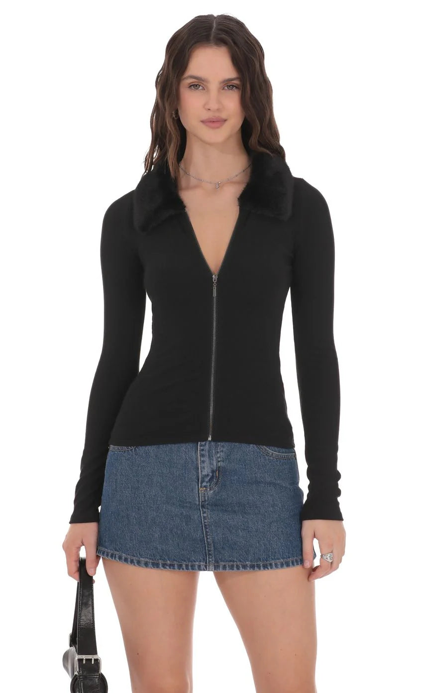 Fur Collar Zip Up Cardigan in Black