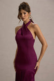 Sansa Burgundy Satin Cross Halter Neck Plisse Maxi Dress
