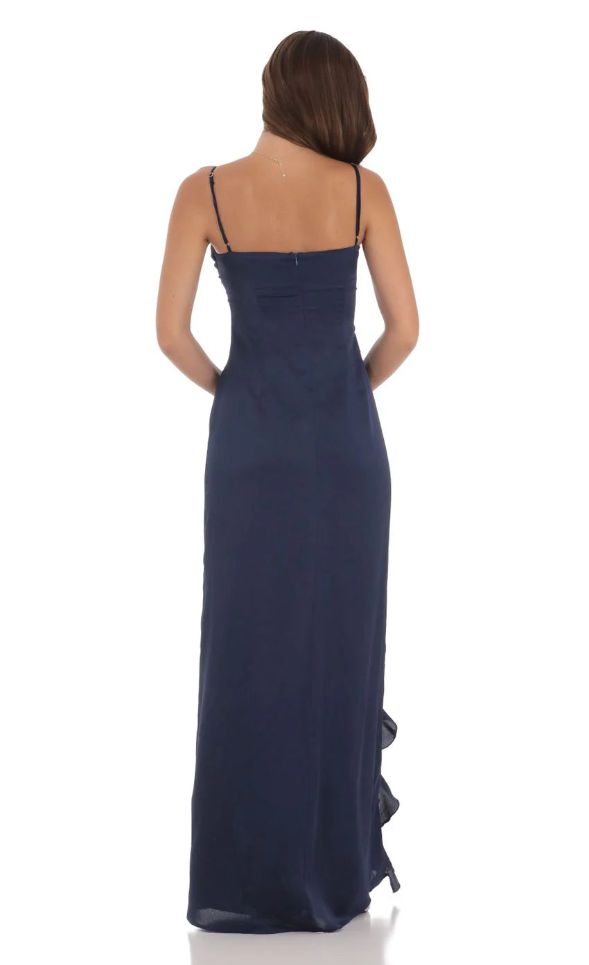 Ruffle V Neck Maxi Dress in Navy