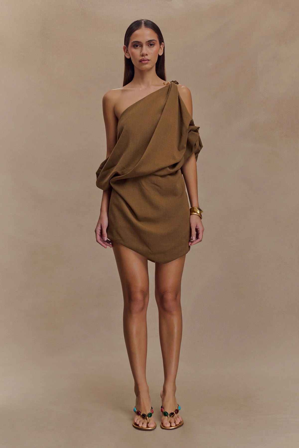 Gabriella Draped Mini Dress Light Brown Marle