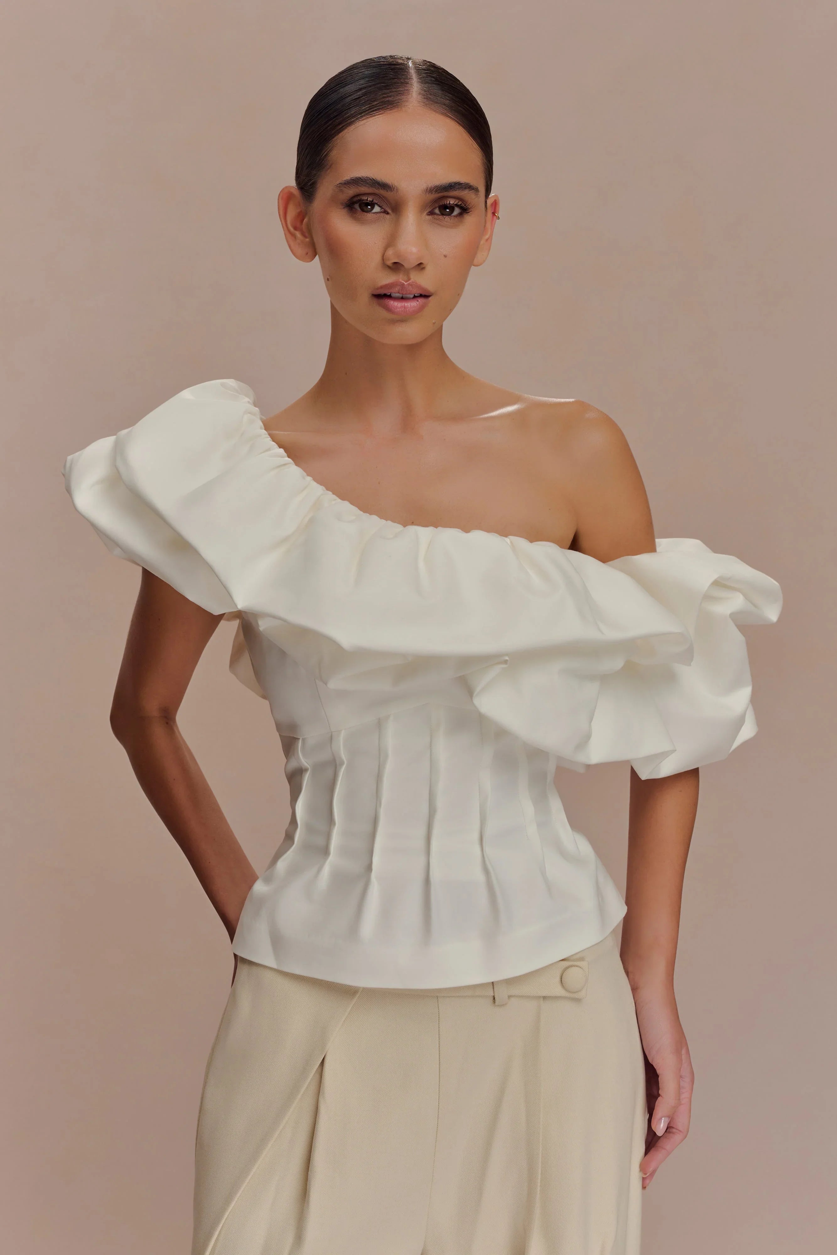 Debbie One Shoulder Bubble Top White