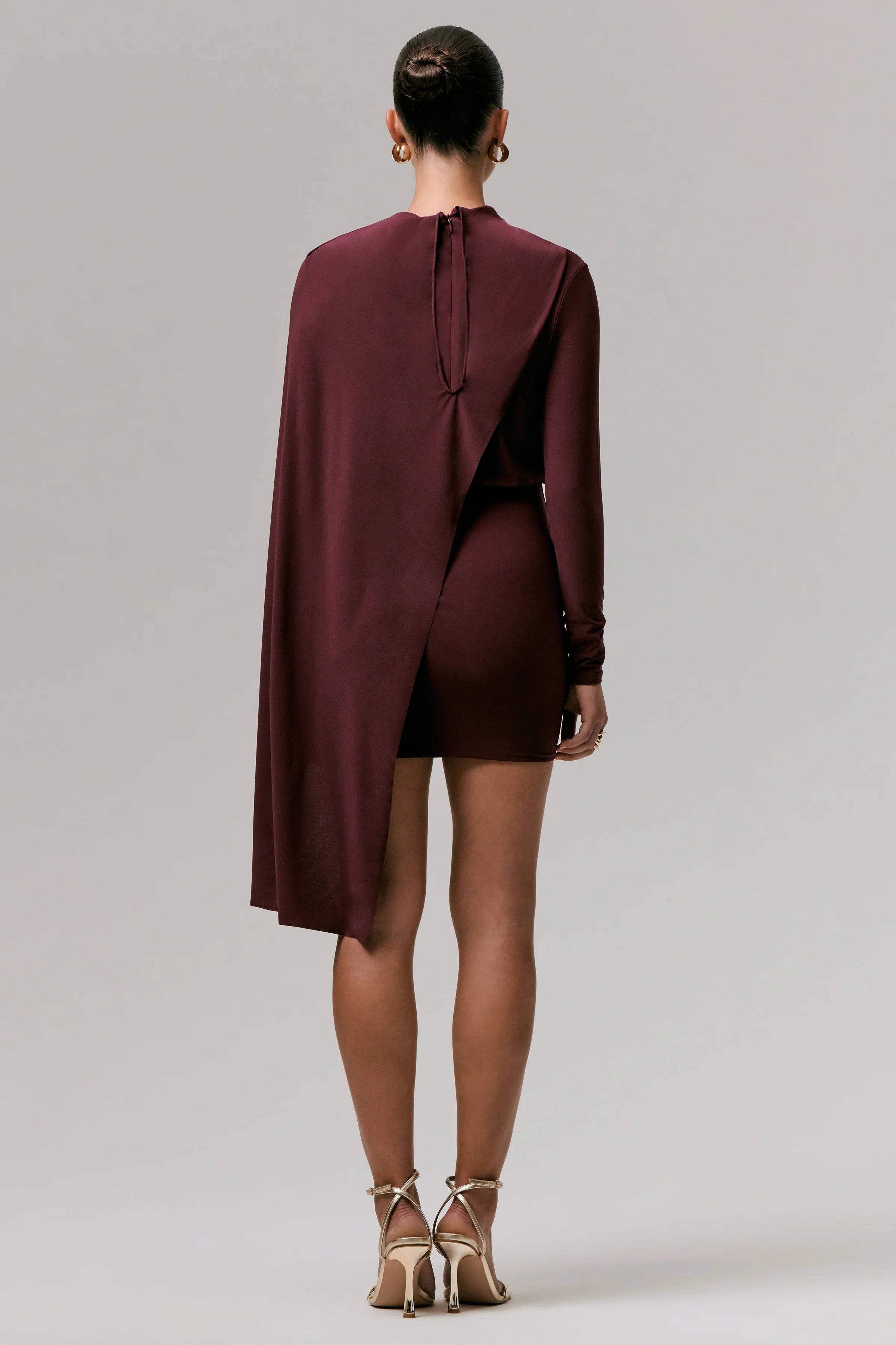 Celeste Burgundy Long Sleeve Mini Dress With Cape Sleeve