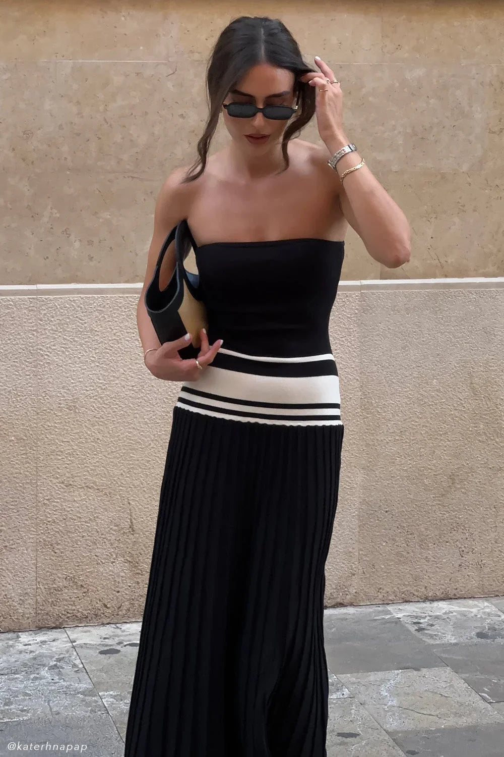 Solaris Strapless Contrast Knit Maxi Dress Black White