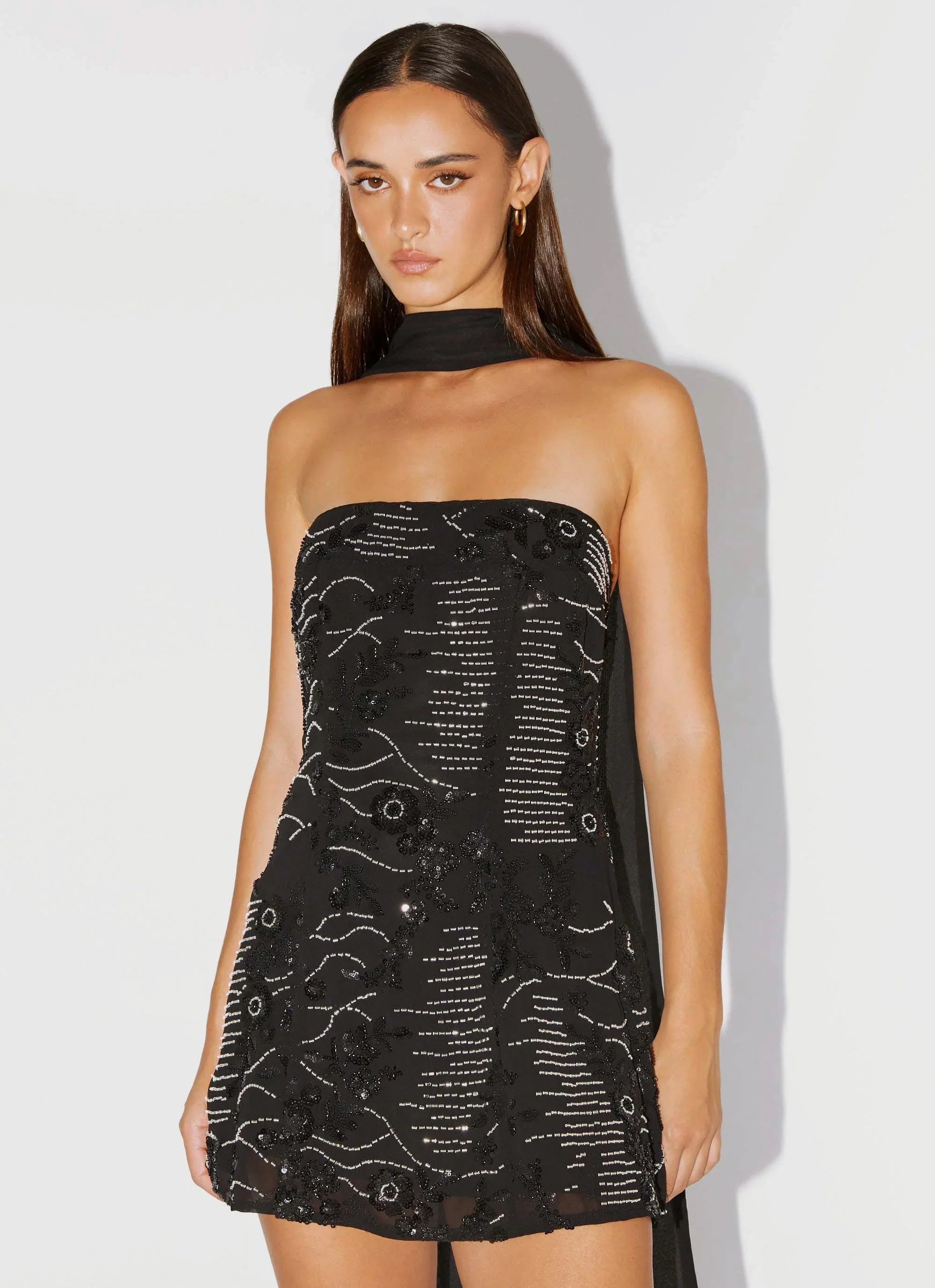 Kiesha Strapless Scarf Mini Dress Black