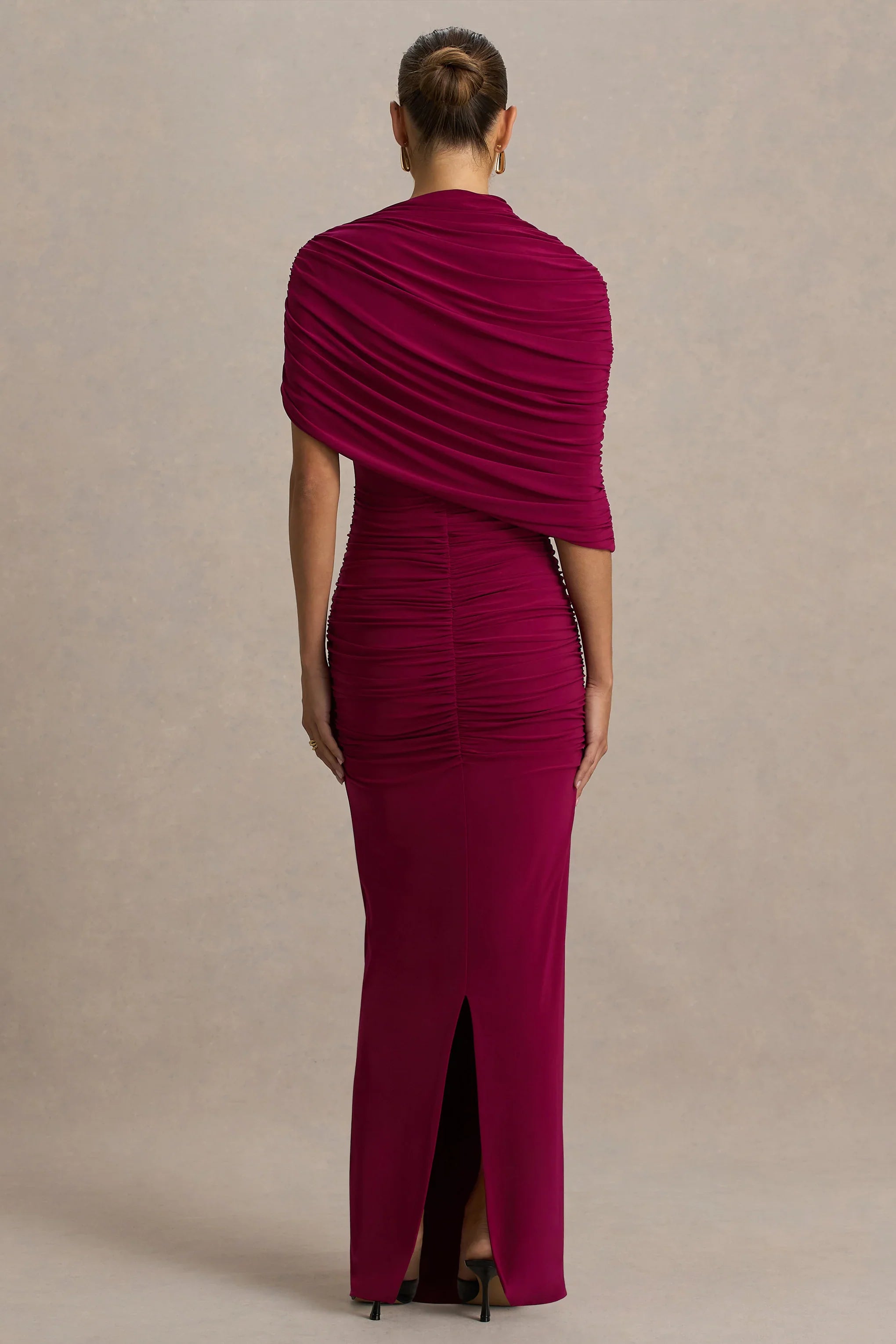 Glitz Burgundy High Neck Maxi Dress With Cape Sleeve and Ruched Detailing