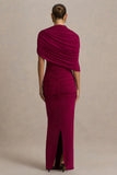 Glitz Burgundy High Neck Maxi Dress With Cape Sleeve and Ruched Detailing