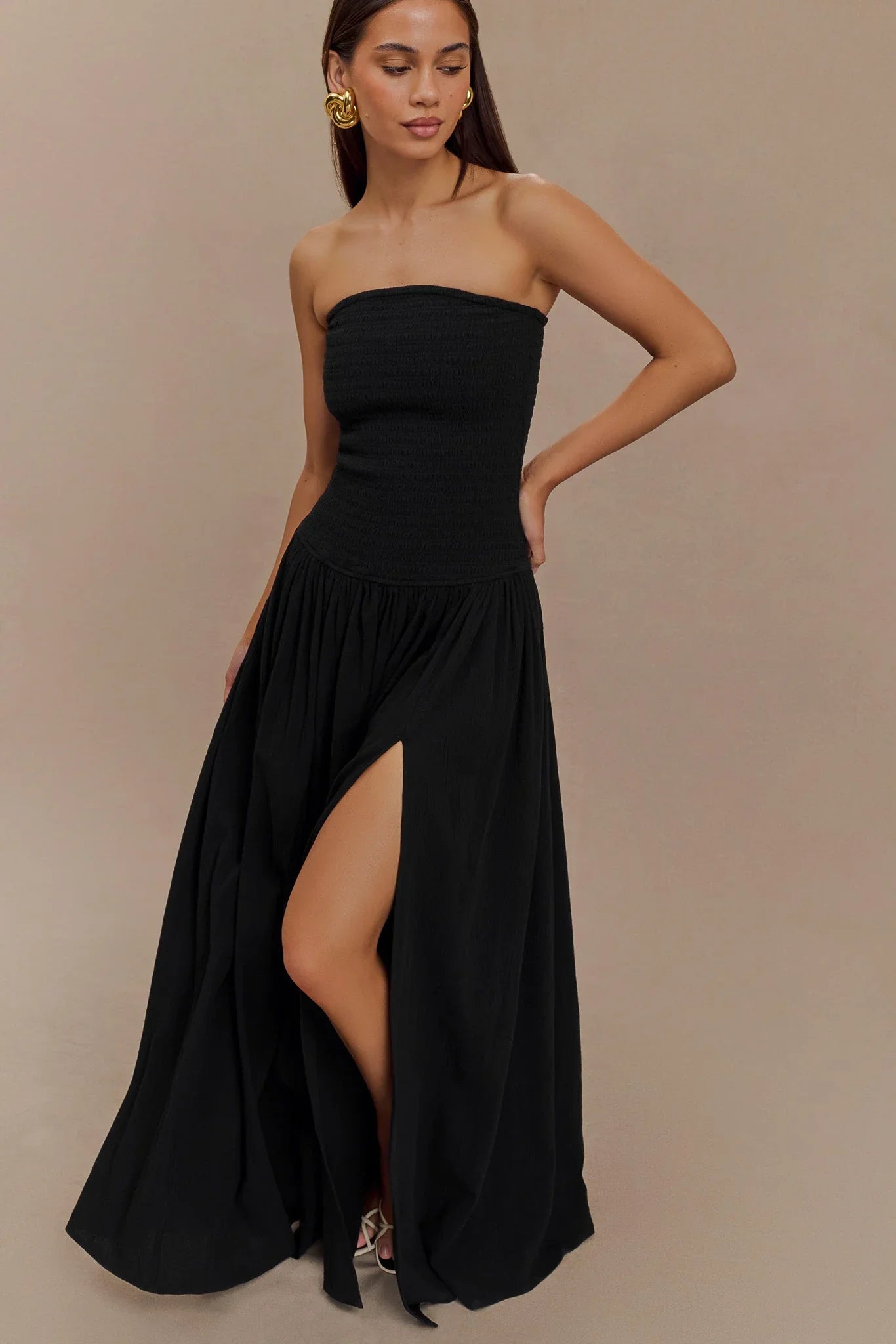 Maureen Cotton Shirring Maxi Dress Black