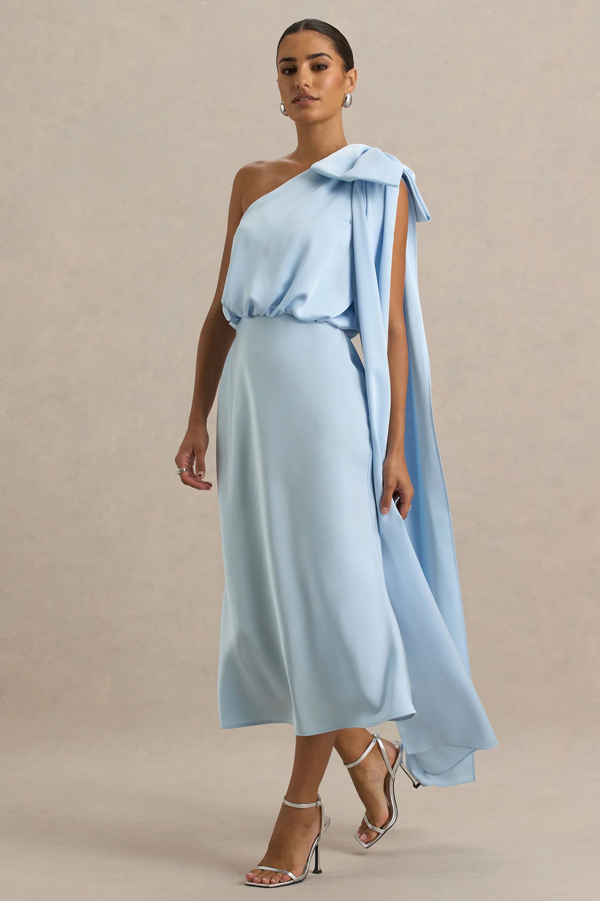 Celestia Powder Blue Satin Asymmetric Neck Midi Dress With Cape Detail