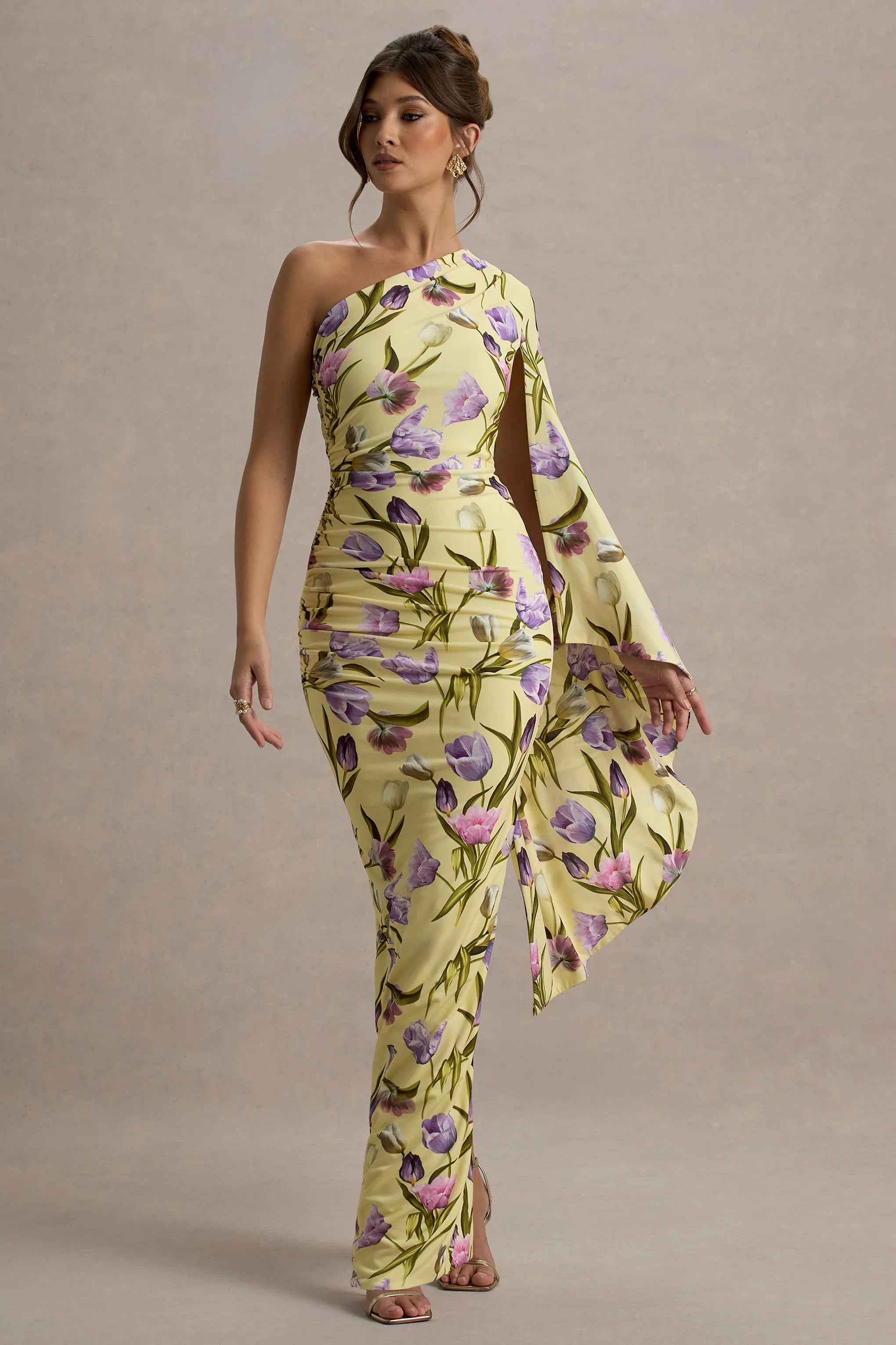 Clementina Tulip Floral Print Asymmetric Cape Sleeve Maxi Dress