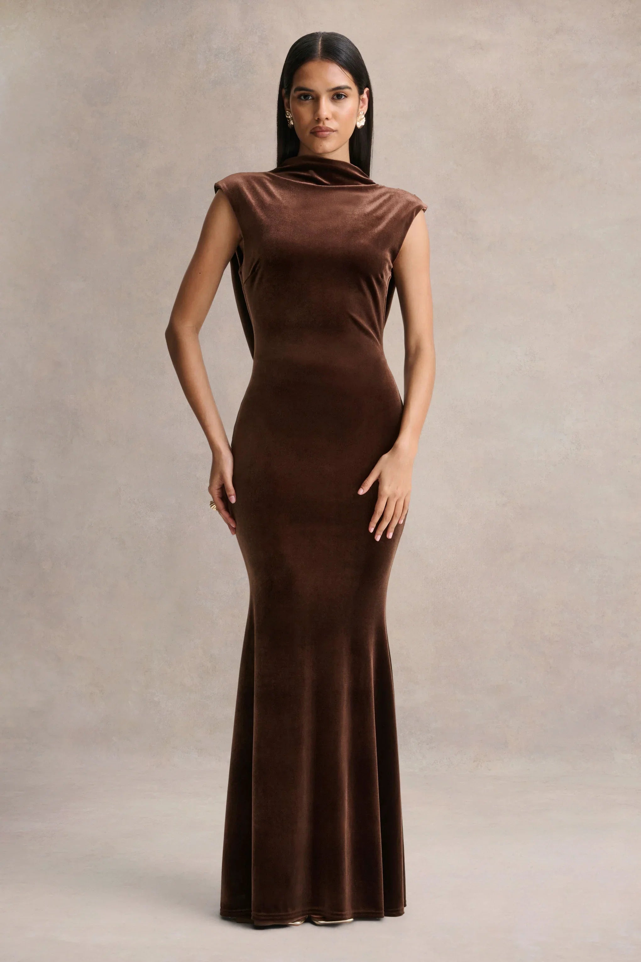 Malora Brown Velvet High Neck Maxi Dress With Open Back