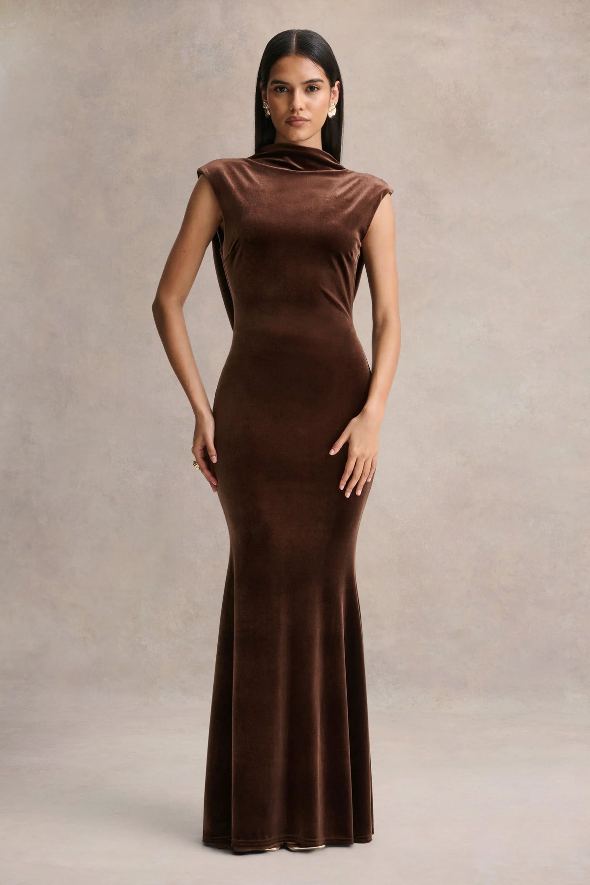 Malora Brown Velvet High Neck Maxi Dress With Open Back