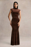 Malora Brown Velvet High Neck Maxi Dress With Open Back
