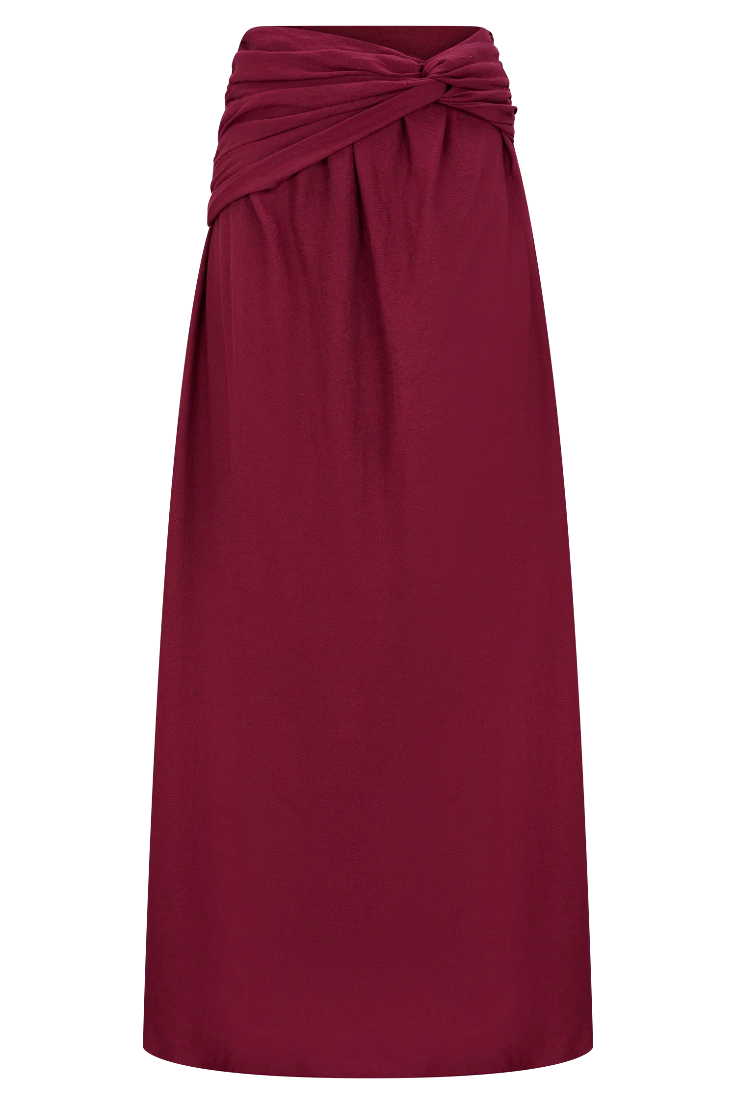 Scottie Gathered Linen Knot Maxi Skirt Wine