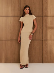 Beige Textured Fine Knit Maxi Skirt