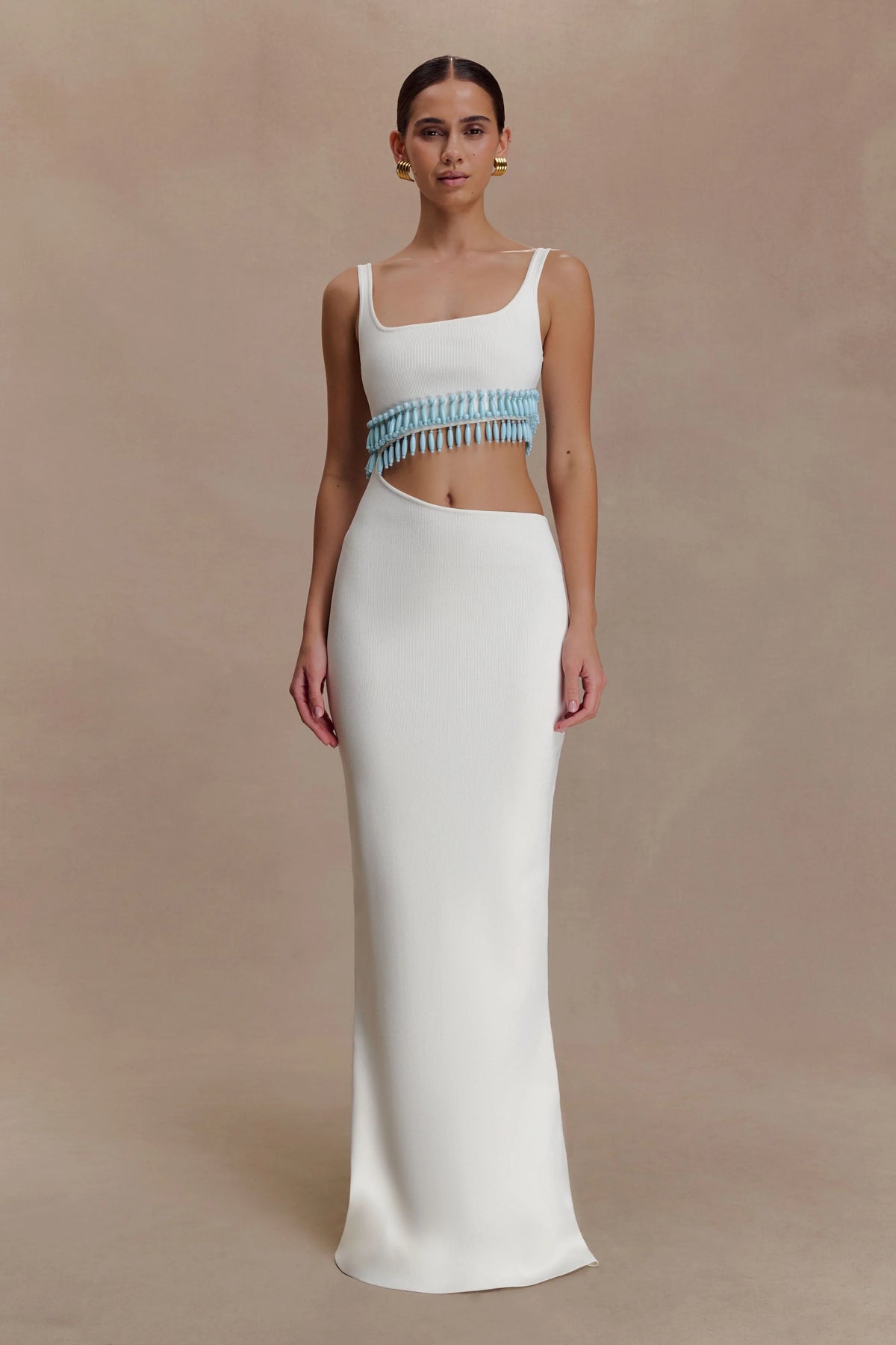 Ruvic Knit Maxi Beaded Dress White