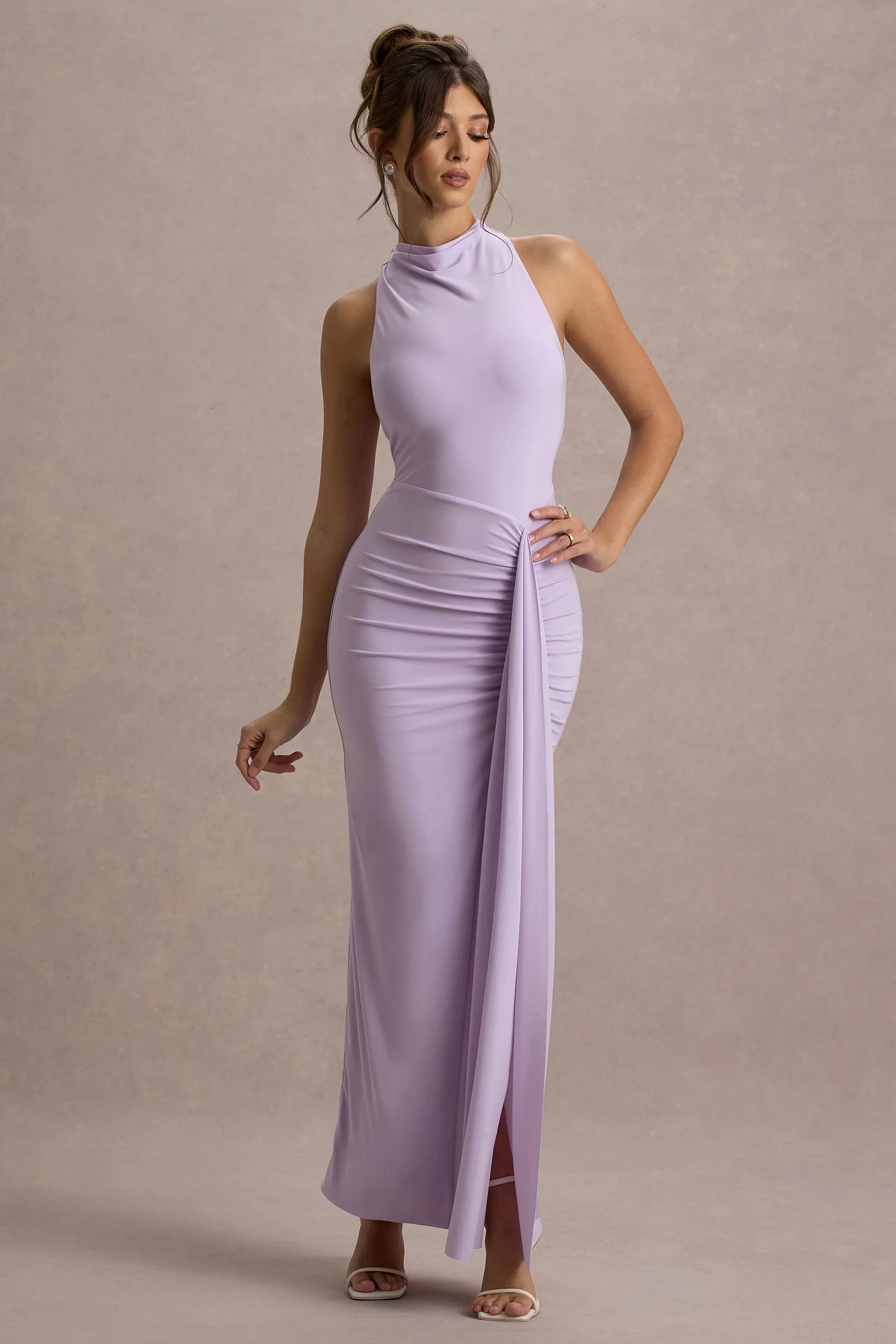 Sunflower Lilac Ruched High Neck Split Maxi Dress