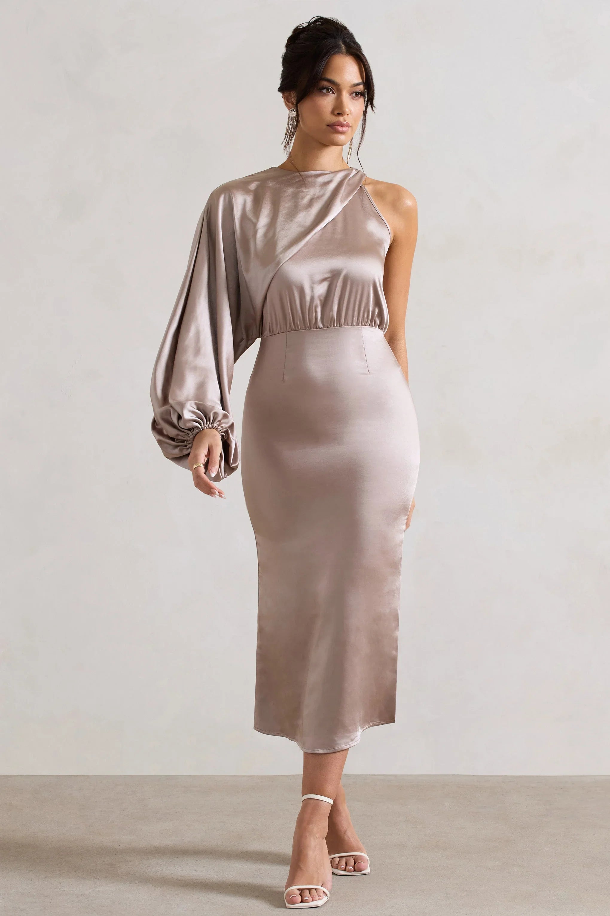 Nola Taupe Satin One Sleeve Midi Dress