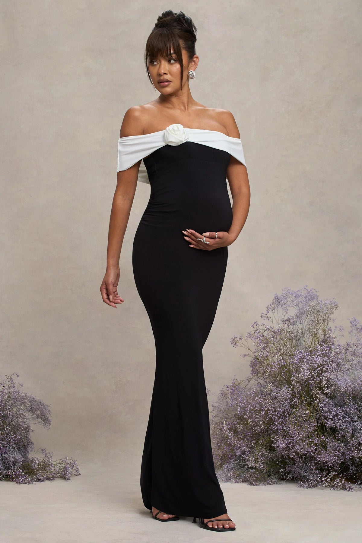 In Bloom Black White Bardot Maternity Maxi Dress With Flower