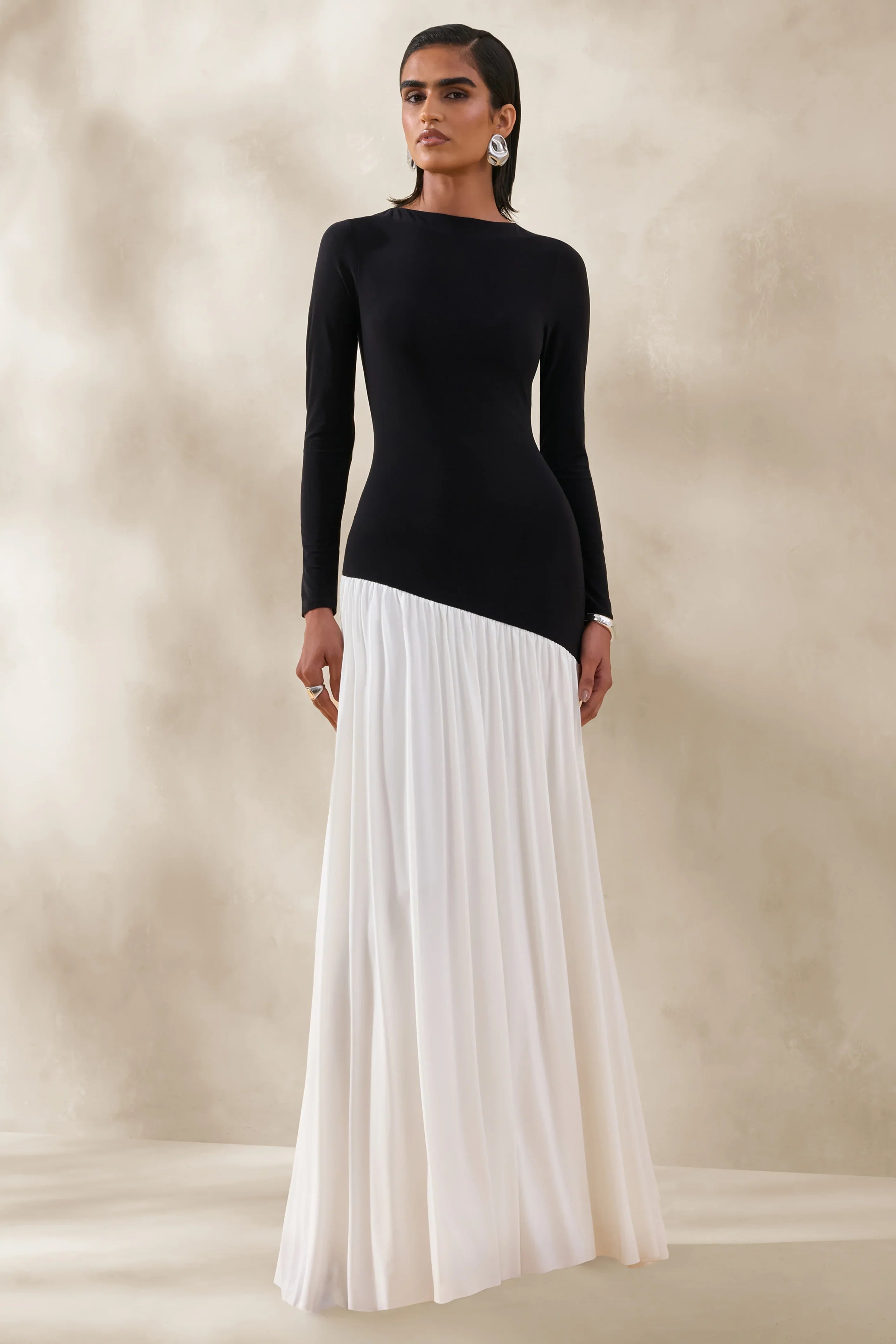 Jasira Black White Crew Neck Maxi Dress With Asymmetric Drop Waist