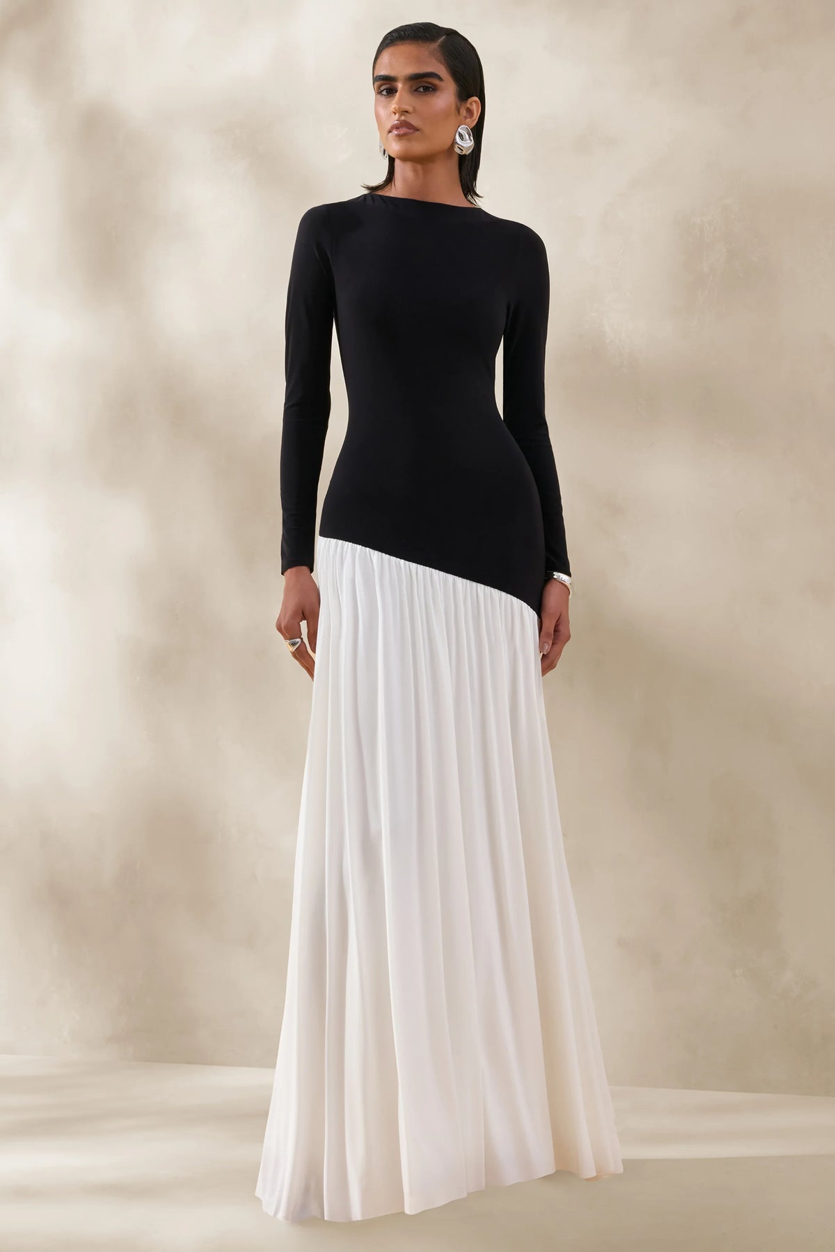 Jasira Black White Crew Neck Maxi Dress With Asymmetric Drop Waist