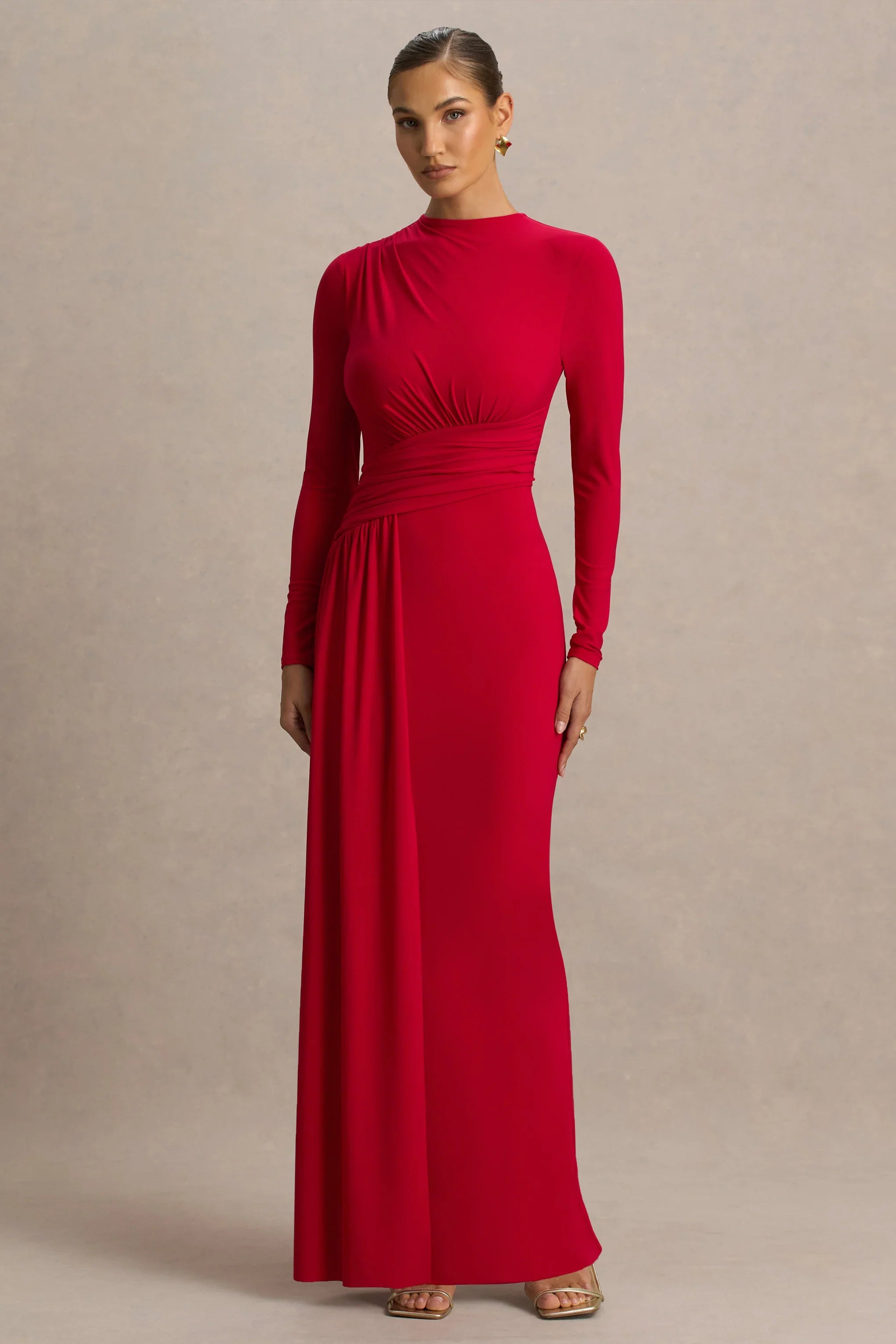 Virelle Red Boat Neck Maxi Dress With Wrap Detail And Sash