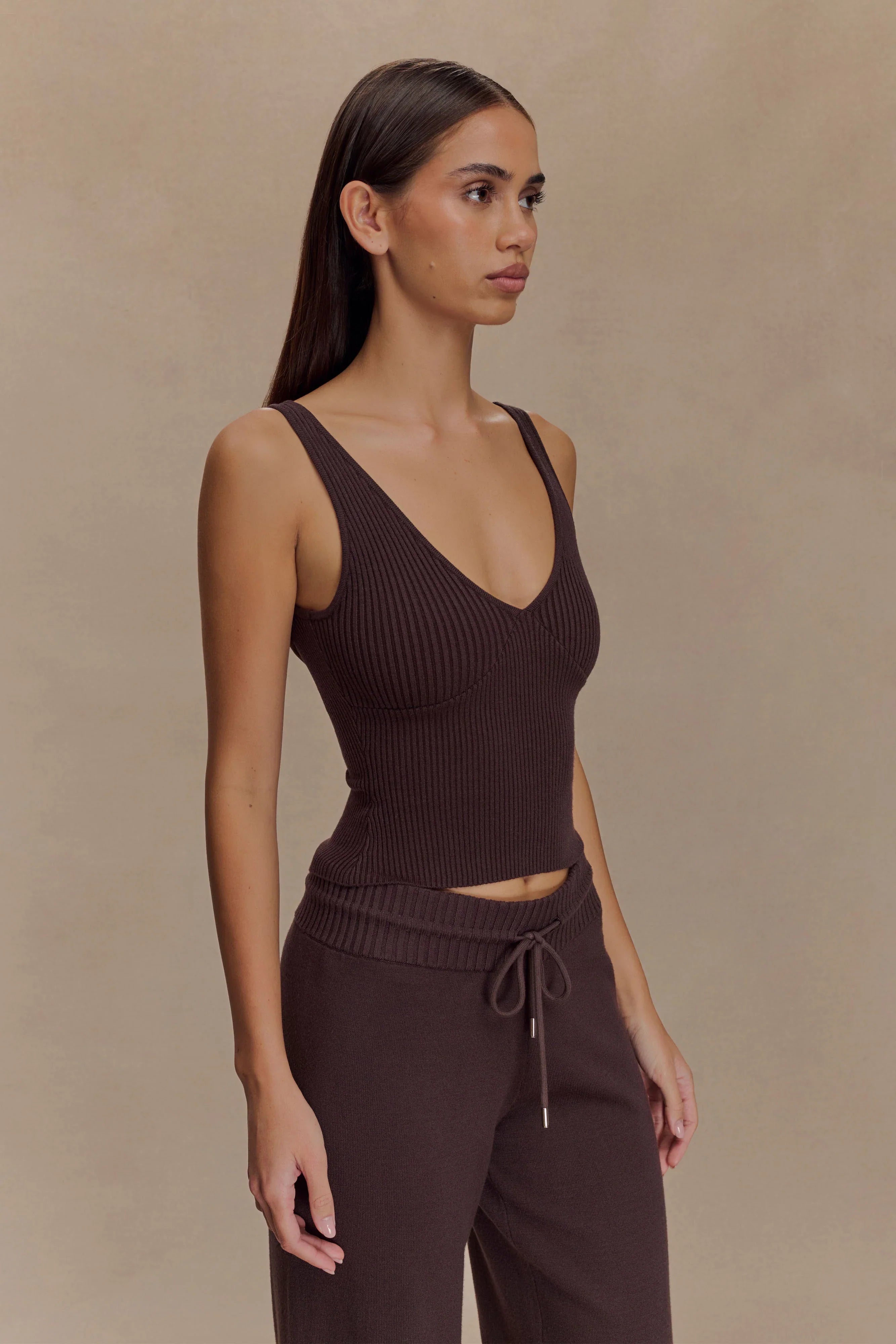 Natalya Ribbed Knit Cami Top Dark Chocolate
