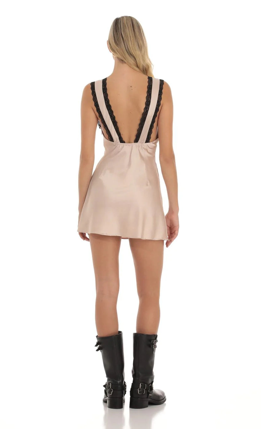Lace Satin V Neck Dress in Camel