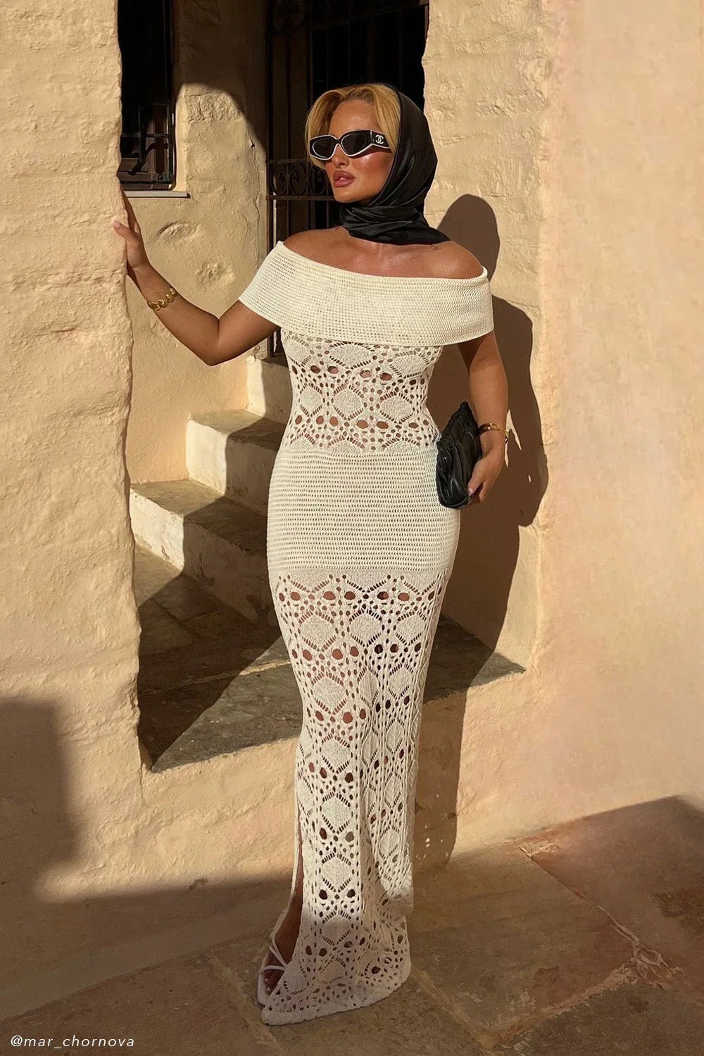 Solstice Off Shoulder Crochet Knit Maxi Dress Ivory