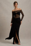 Cover Star Black Mesh Bardot Long Sleeve Draped Maxi Dress