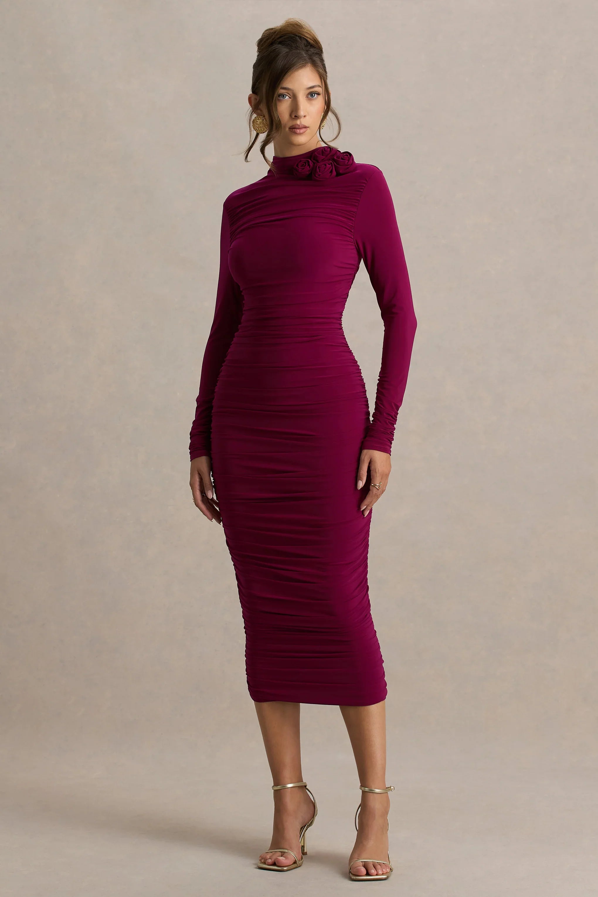 Tamara Burgundy Long Sleeve Ruched Midi Dress