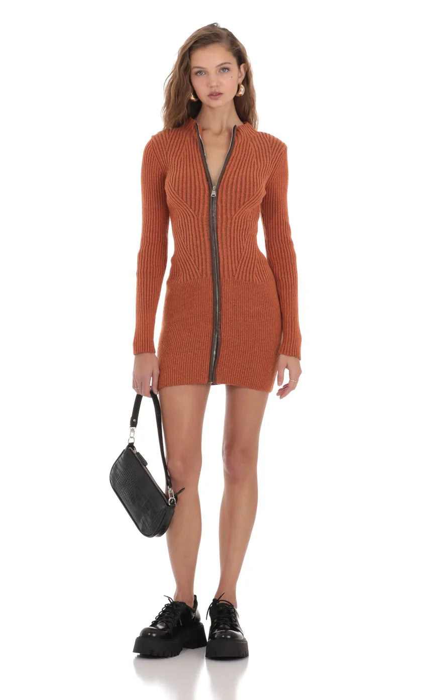 Front Zip Knit Dress in Orange