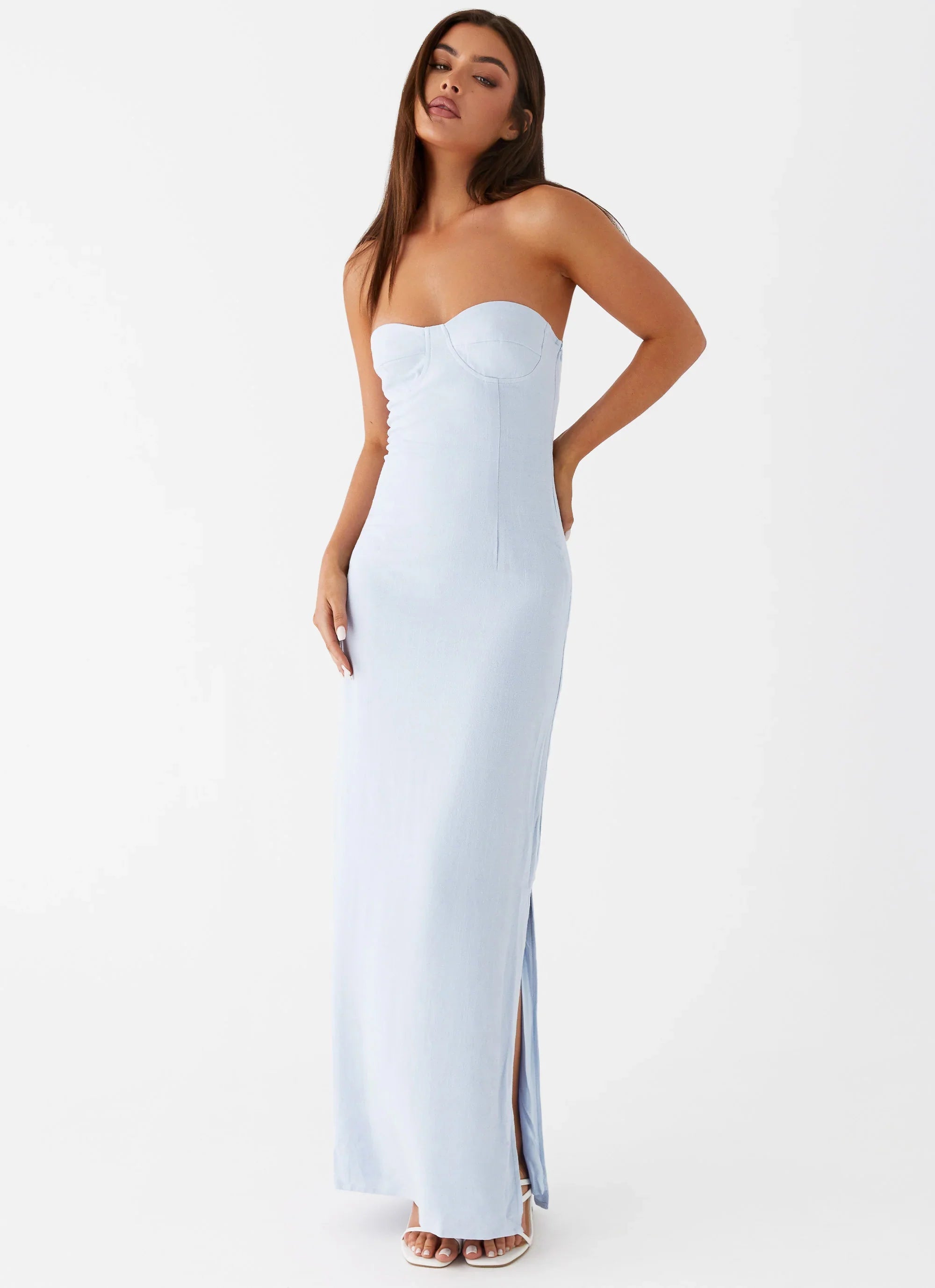 Esra Linen Strapless Maxi Dress Blue