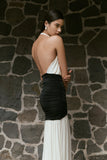 Hailee Slinky And Mesh Halter Maxi Dress Black White