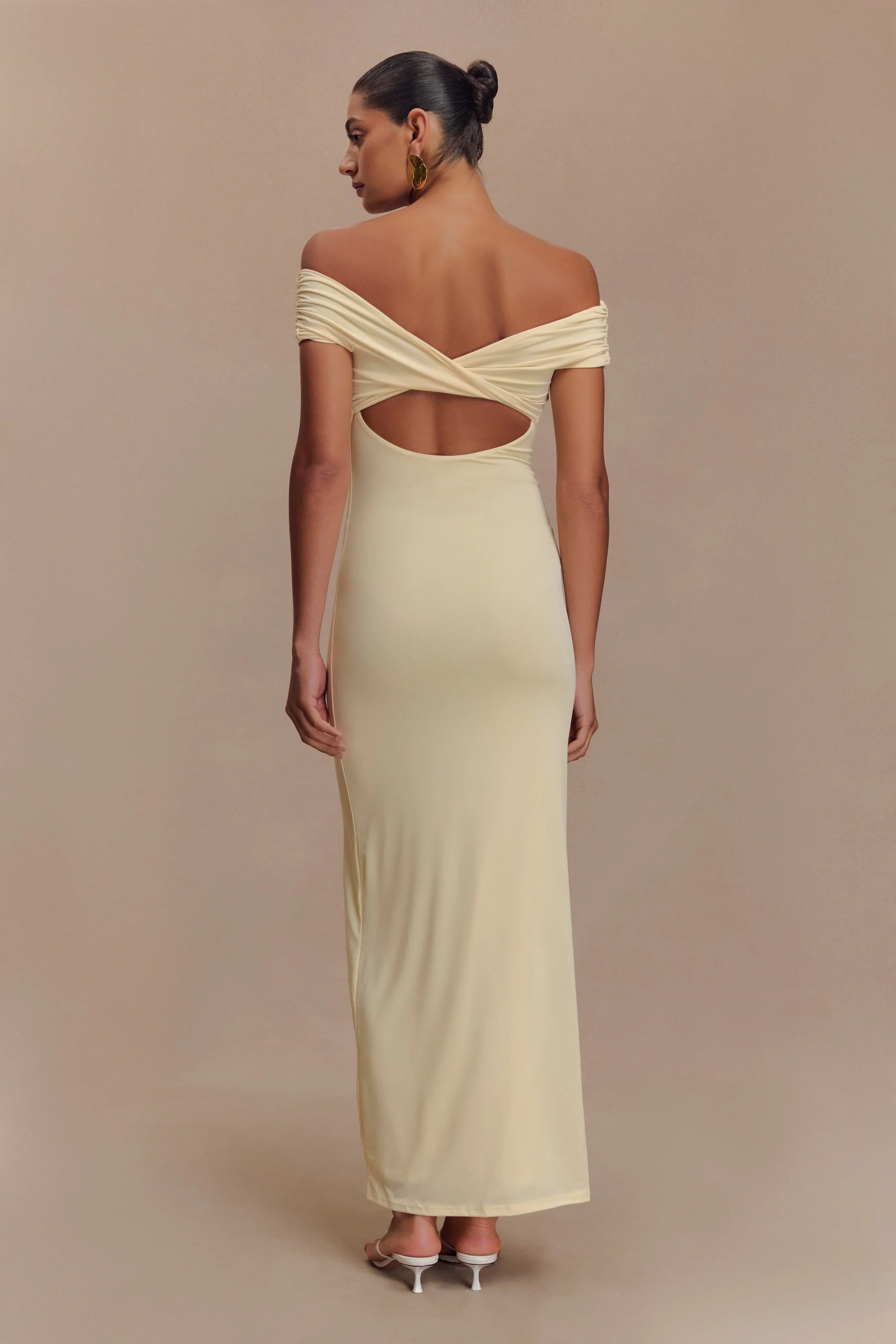 Imogen Off Shoulder Slinky Maxi Dress Lemon