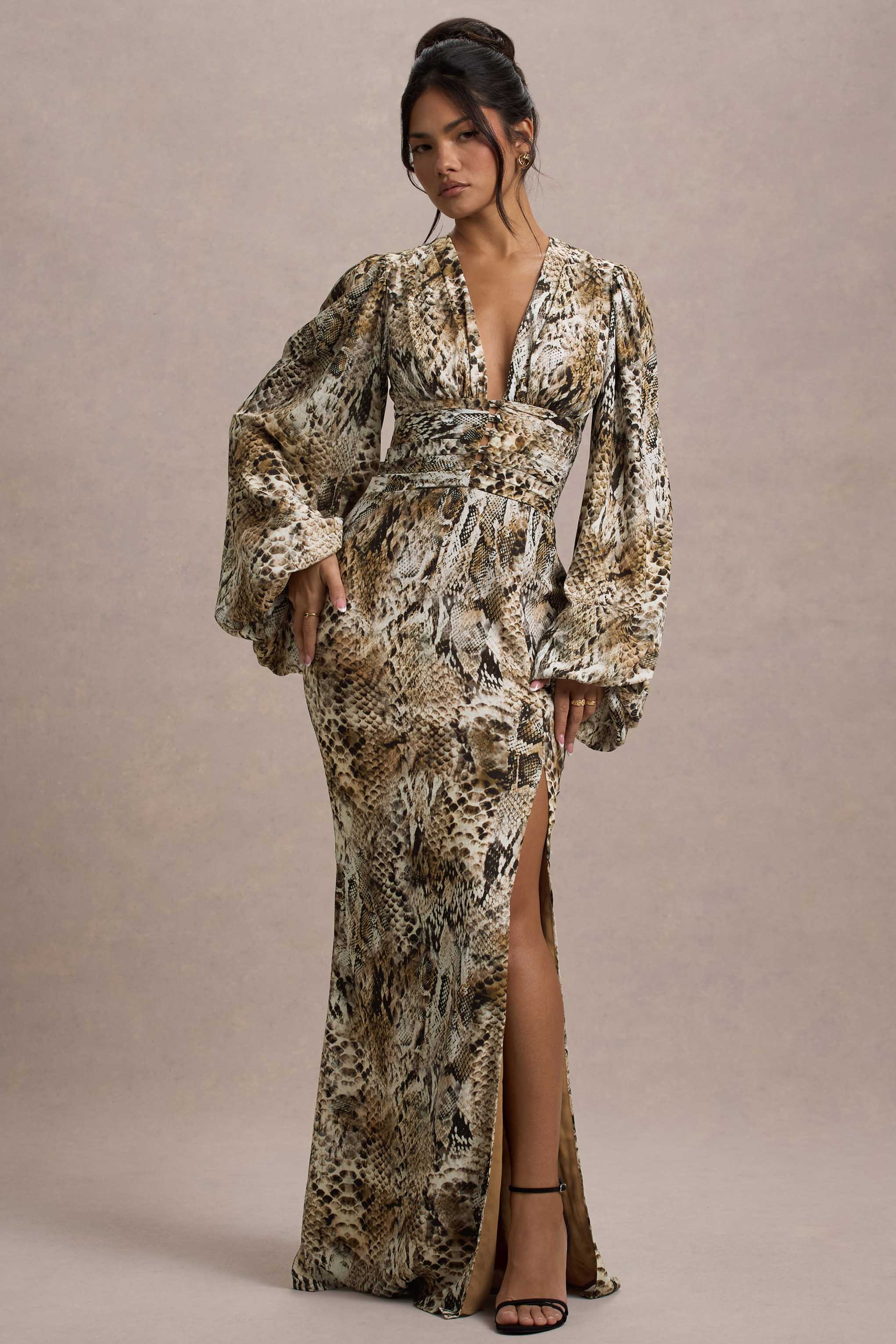 Casarile Snake Print V Neck Balloon Sleeve Maxi Dress